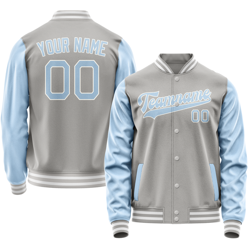 Personalized Gray & Light-Blue Solid Color Varsity Letterman Jacket