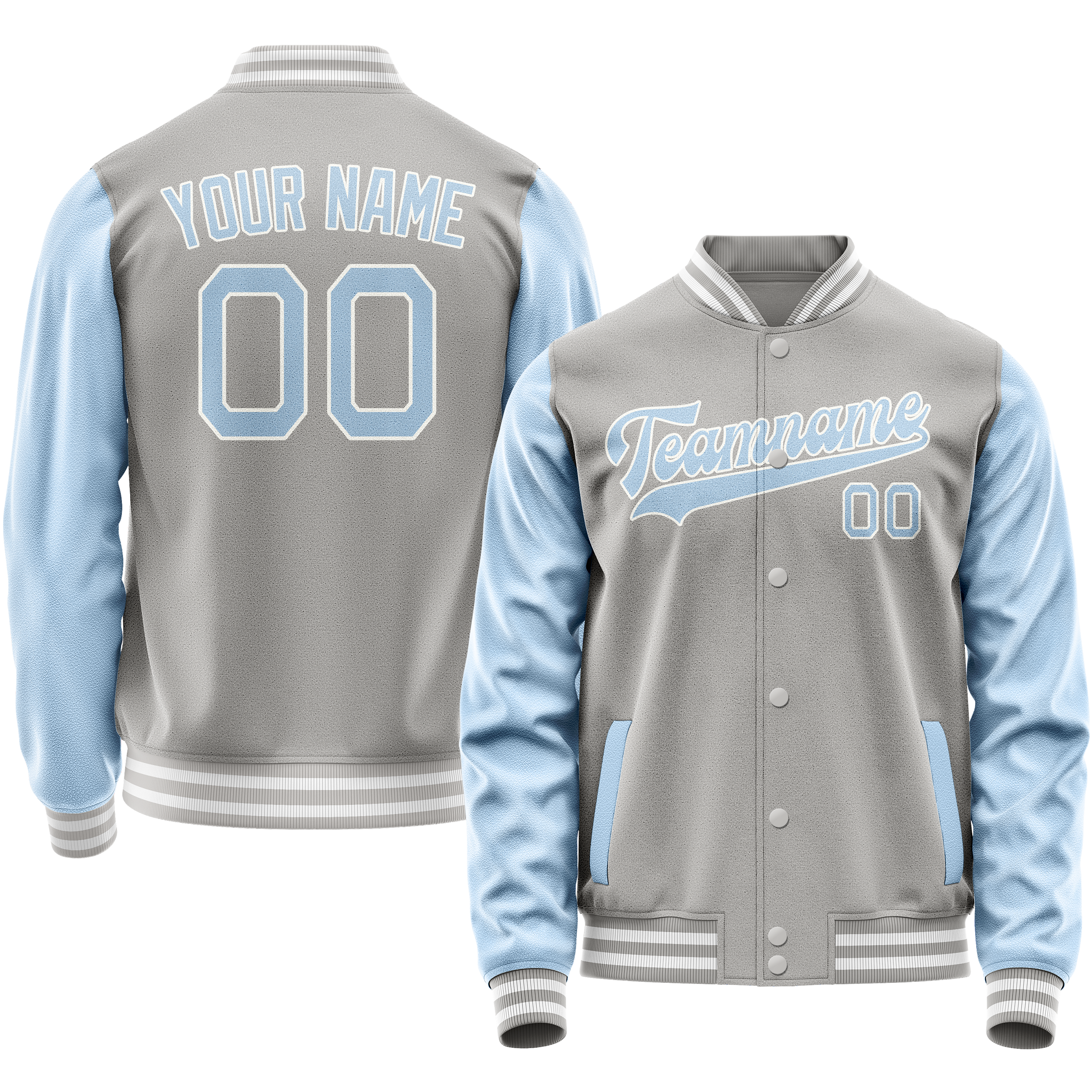 Personalized Gray & Light-Blue Solid Color Varsity Letterman Jacket