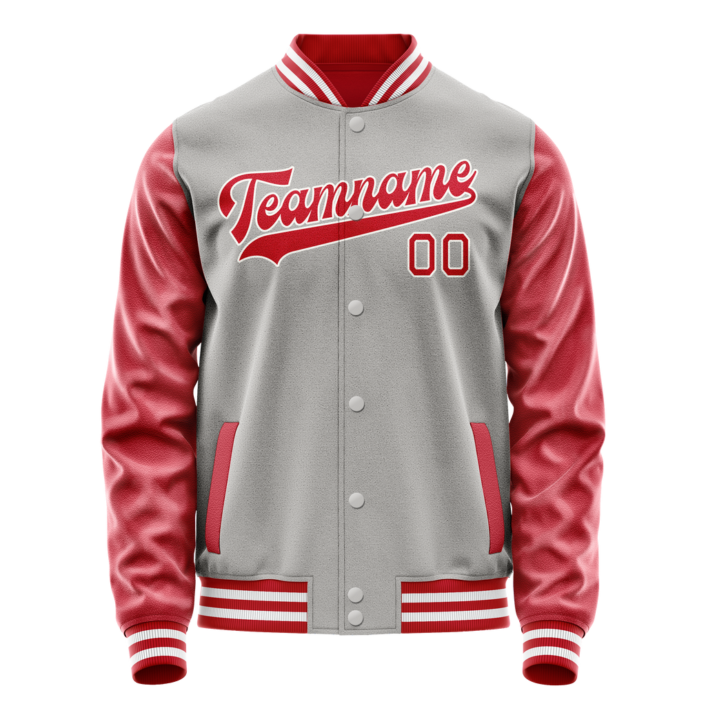 Personalized Gray & Red Solid Color Varsity Letterman Jacket