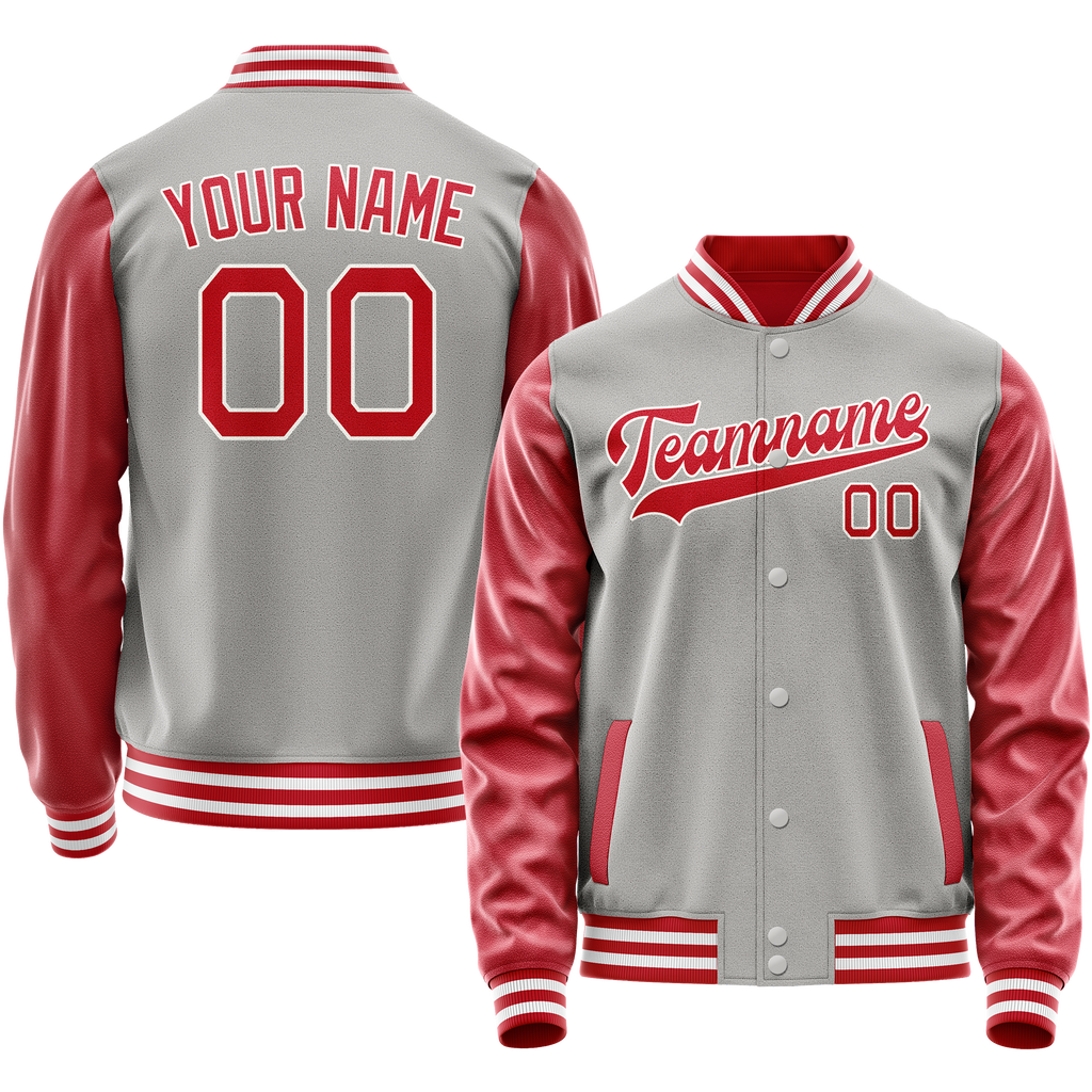 Personalized Gray & Red Solid Color Varsity Letterman Jacket