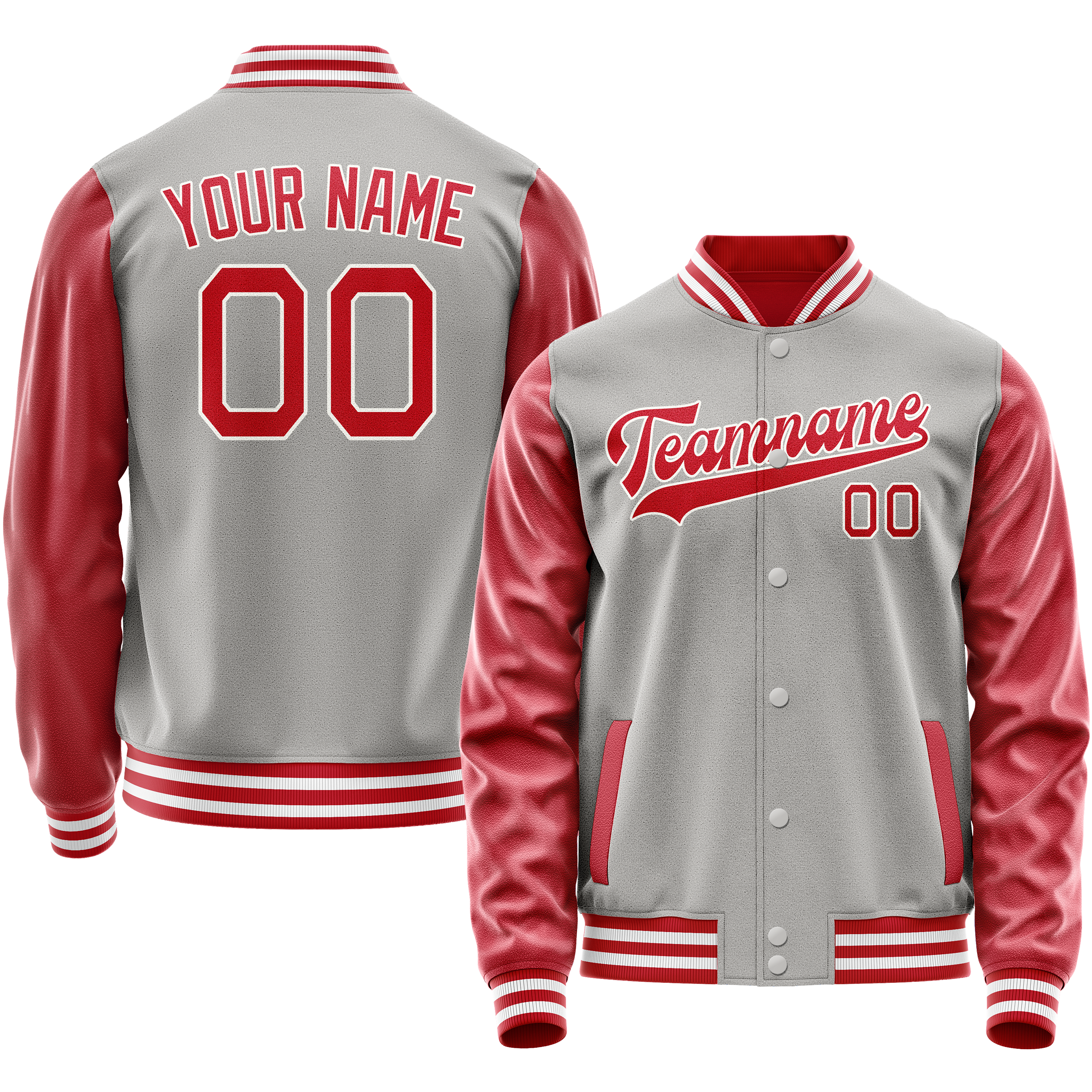 Personalized Gray & Red Solid Color Varsity Letterman Jacket