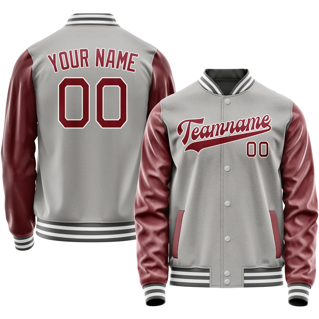 Personalized Gray & Crimson Solid Color Varsity Letterman Jacket