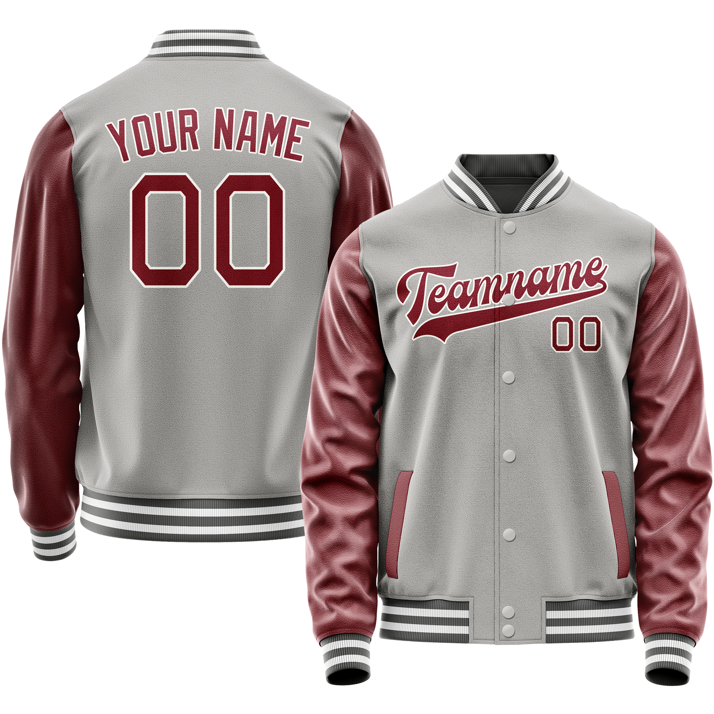 Personalized Gray & Crimson Solid Color Varsity Letterman Jacket