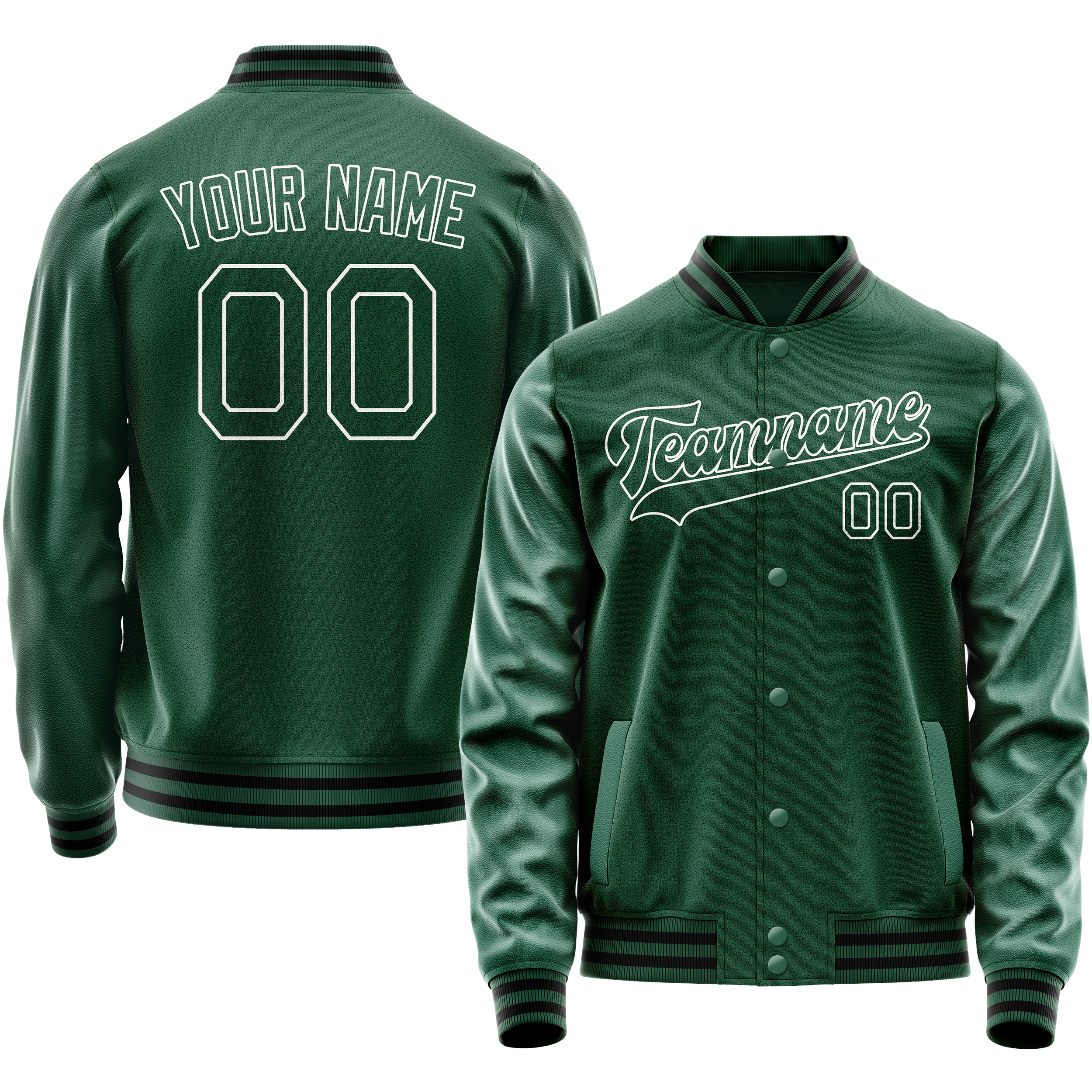 Personalized Green & White Solid Color Varsity Letterman Jacket