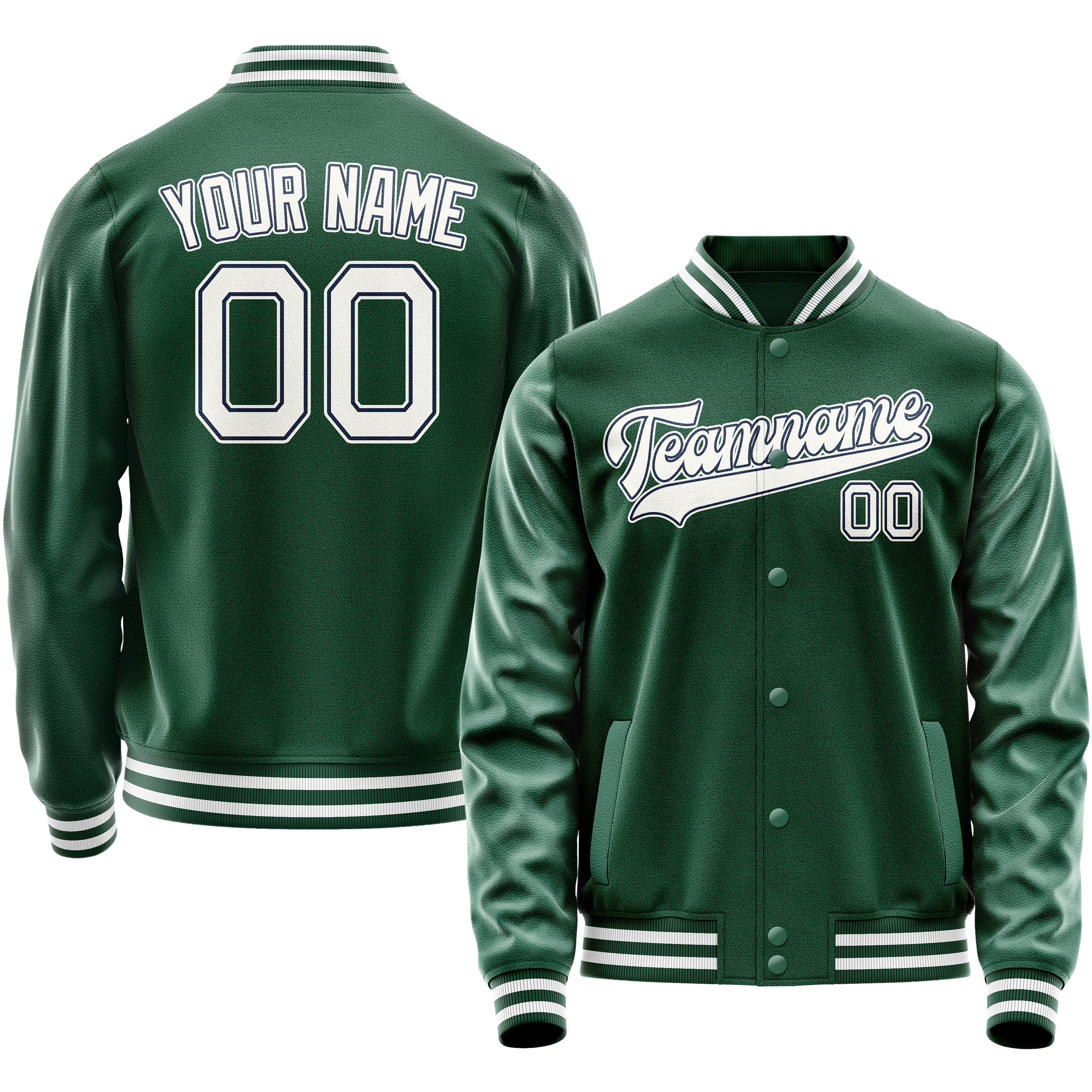 Personalized Green & White Solid Color Varsity Letterman Jacket