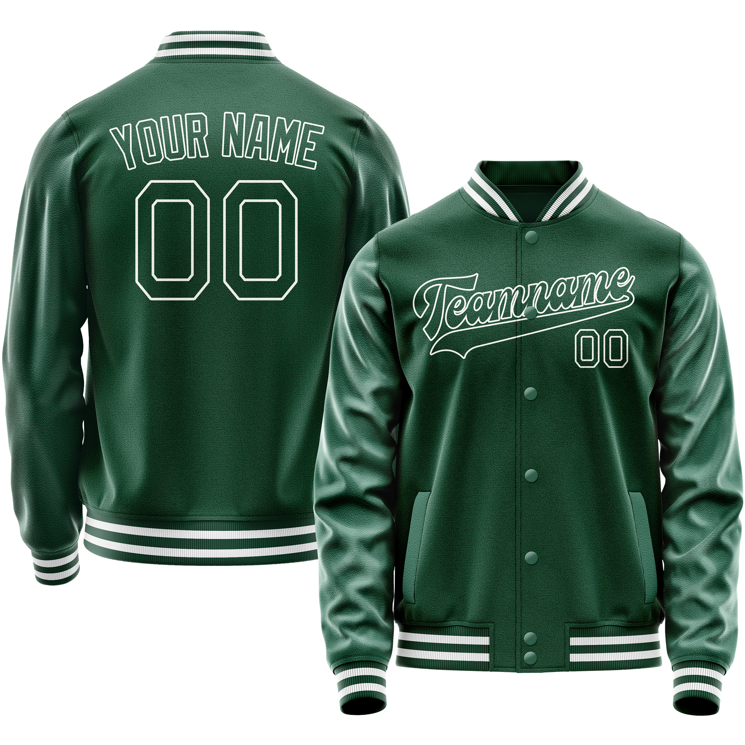 Personalized Green & White Solid Color Varsity Letterman Jacket