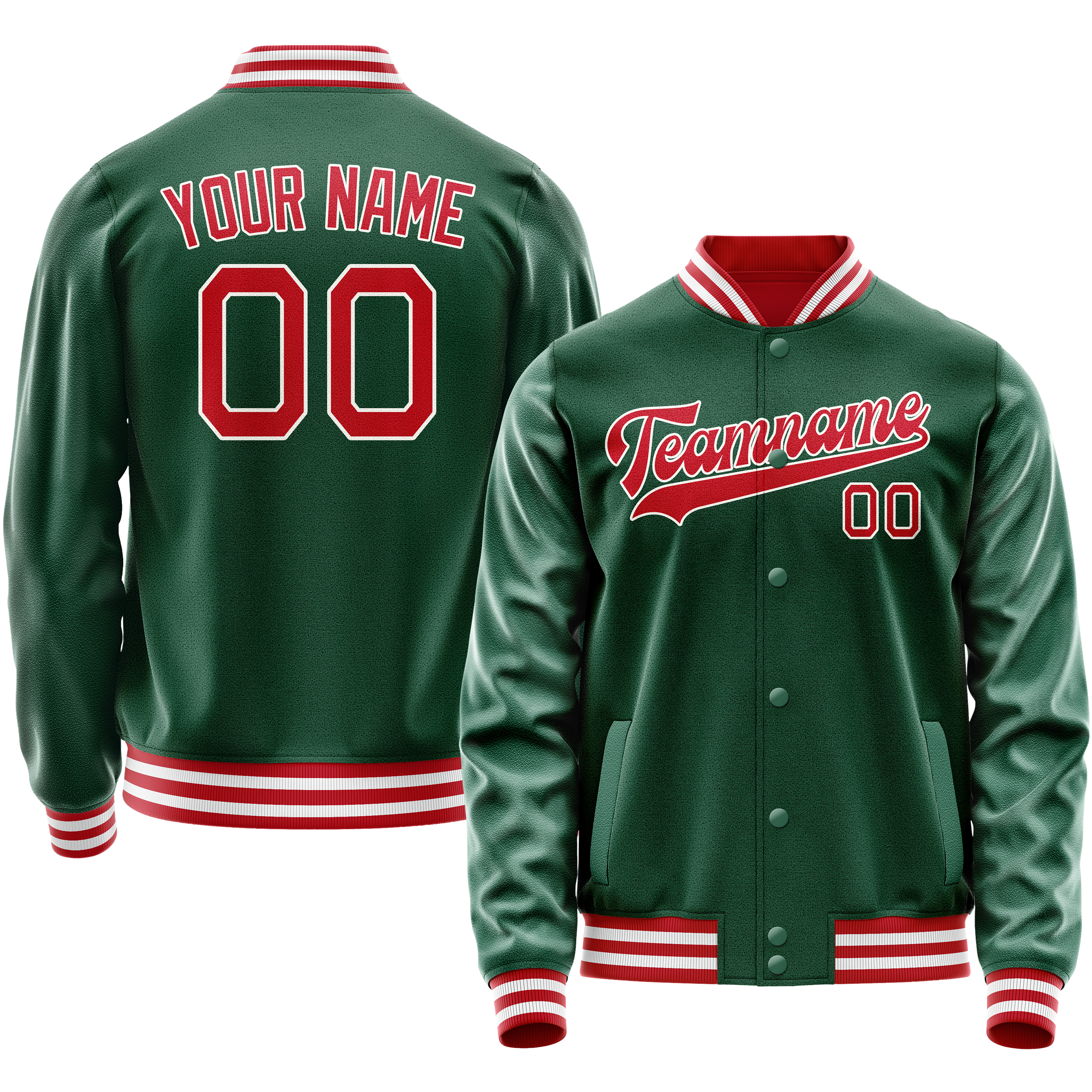 Personalized Green & Red Solid Color Varsity Letterman Jacket