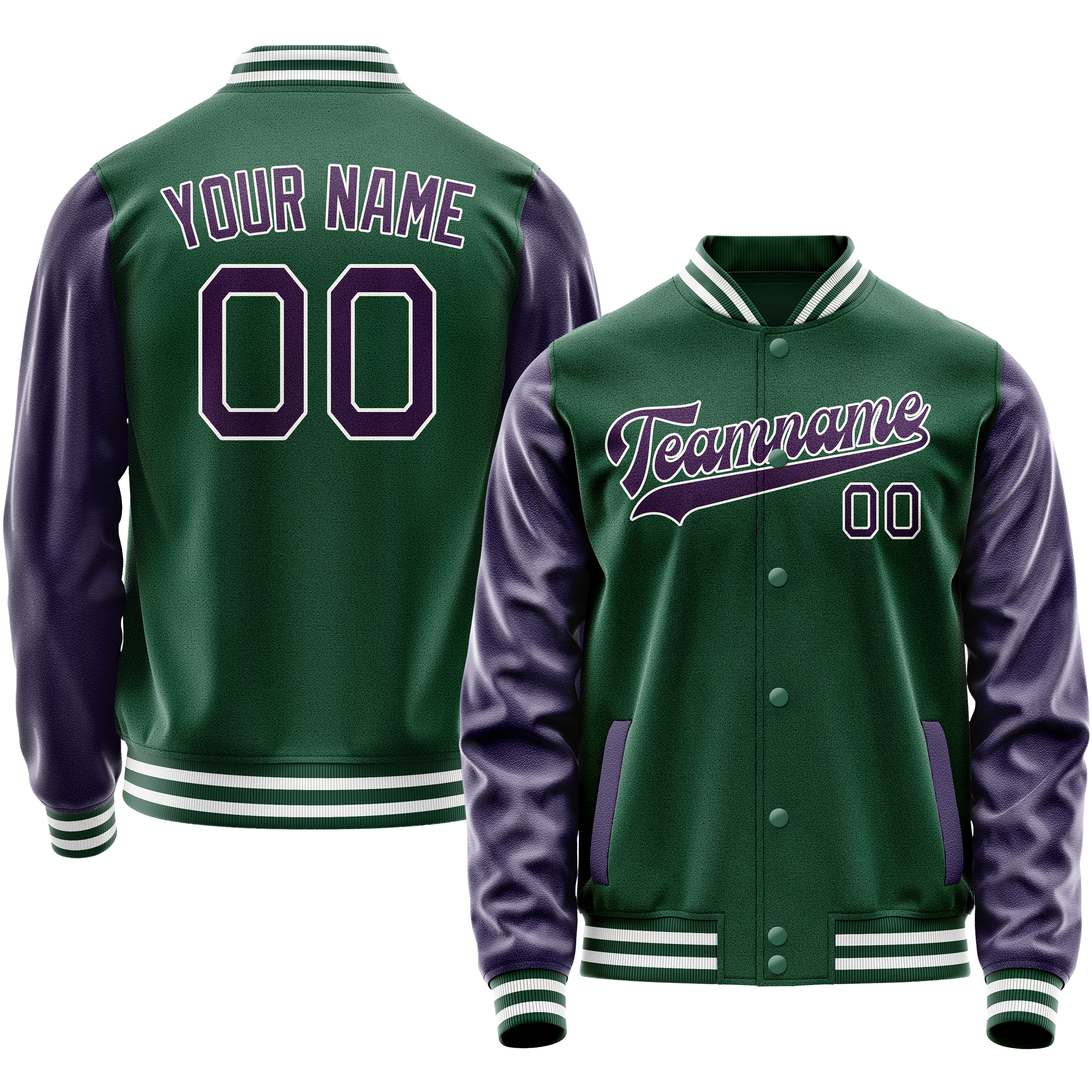 Personalized Green & Purple Solid Color Varsity Letterman Jacket
