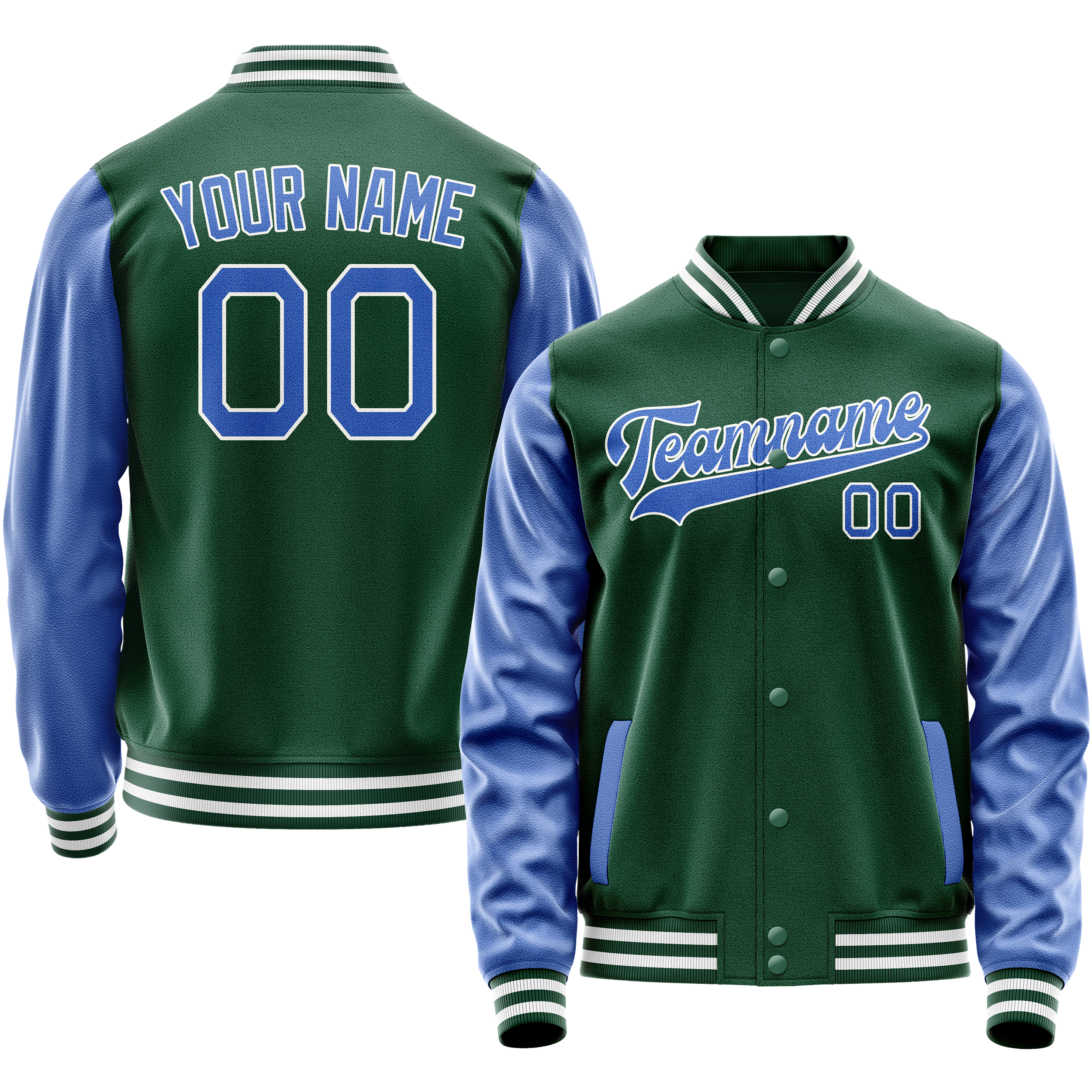 Personalized Green & Light-Blue Solid Color Varsity Letterman Jacket