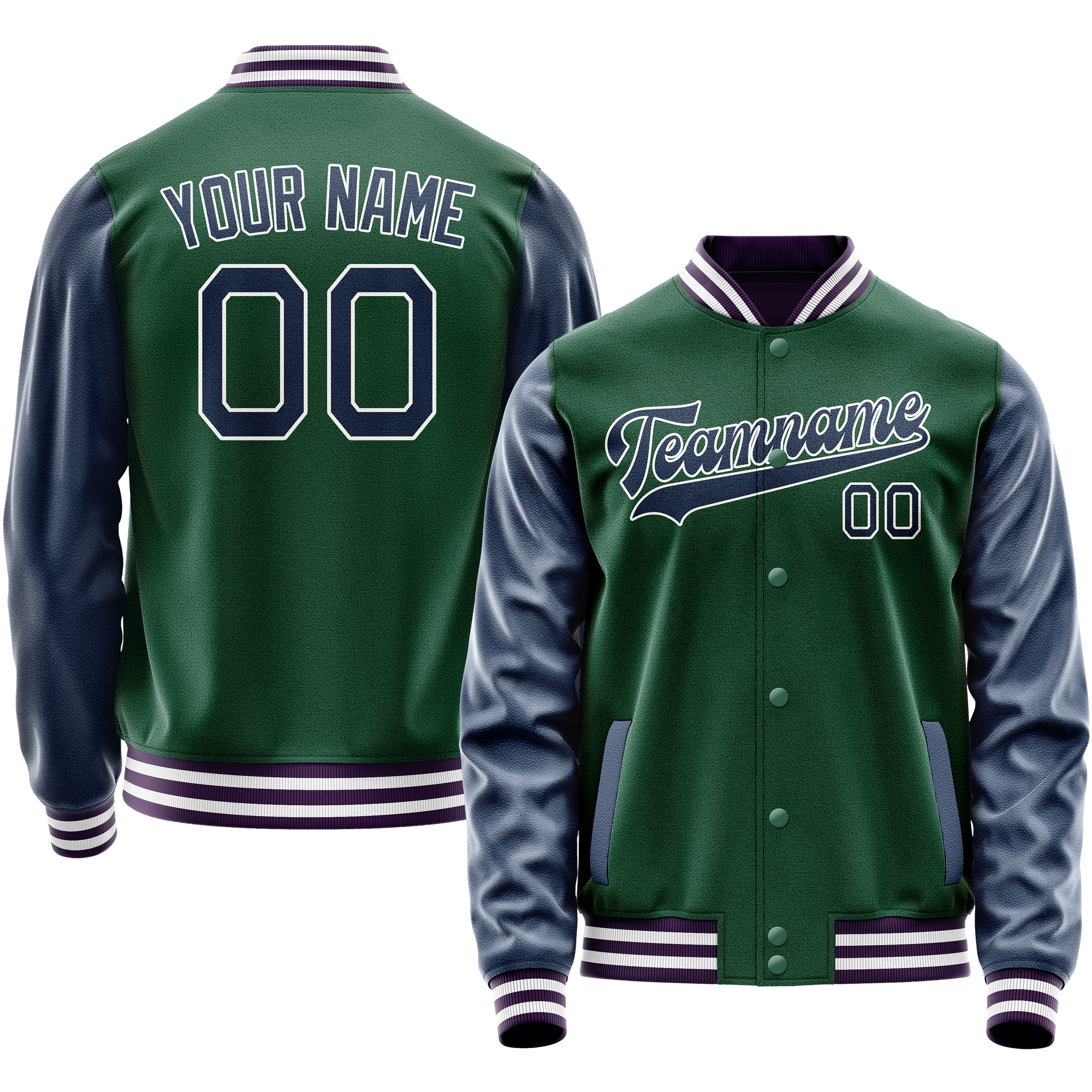 Personalized Green & Navy Solid Color Varsity Letterman Jacket