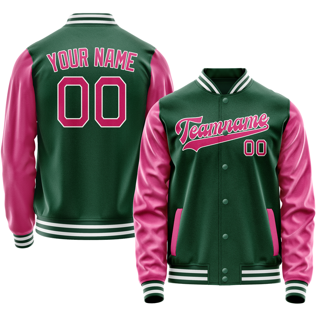 Personalized Green & Pink Solid Color Varsity Letterman Jacket