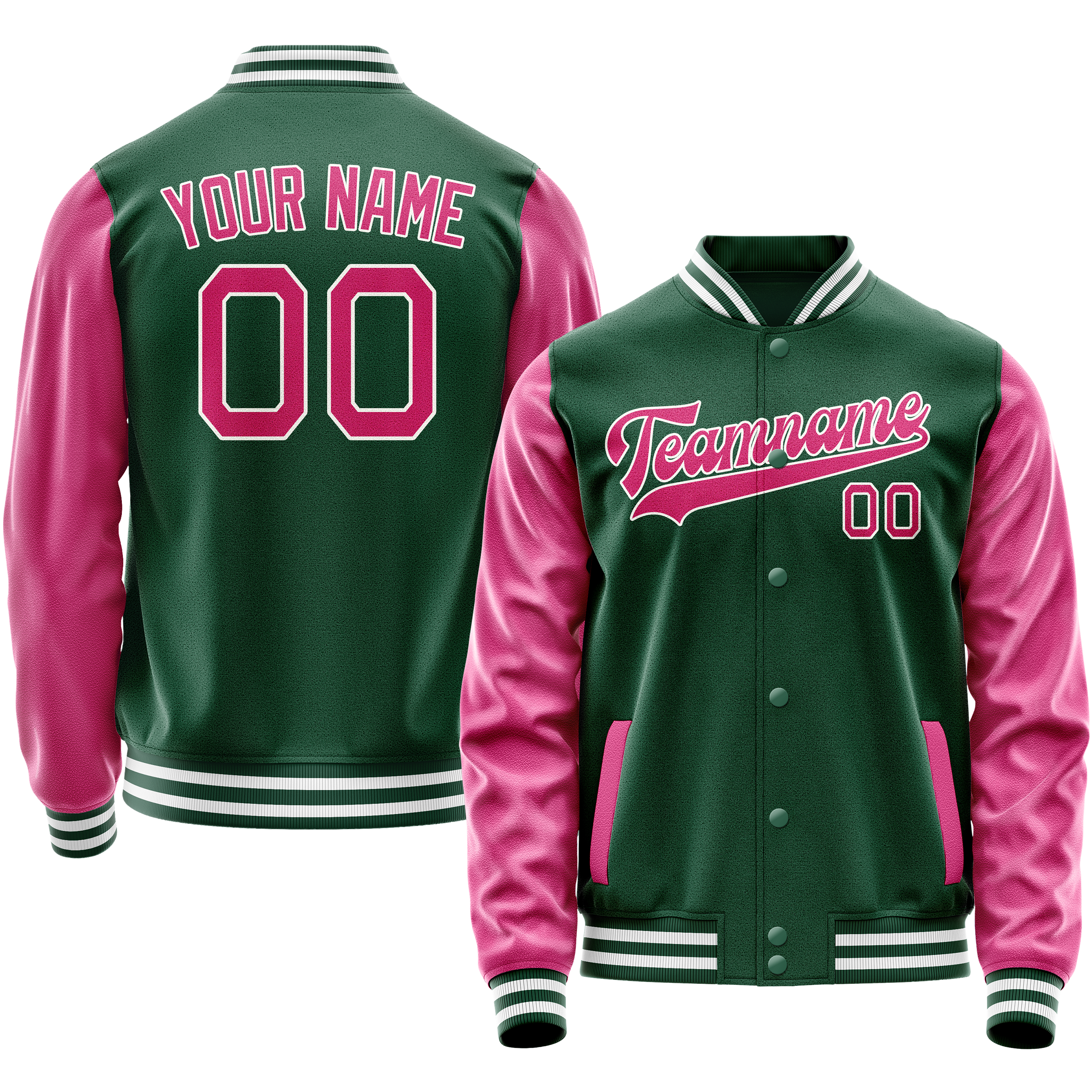 Personalized Green & Pink Solid Color Varsity Letterman Jacket