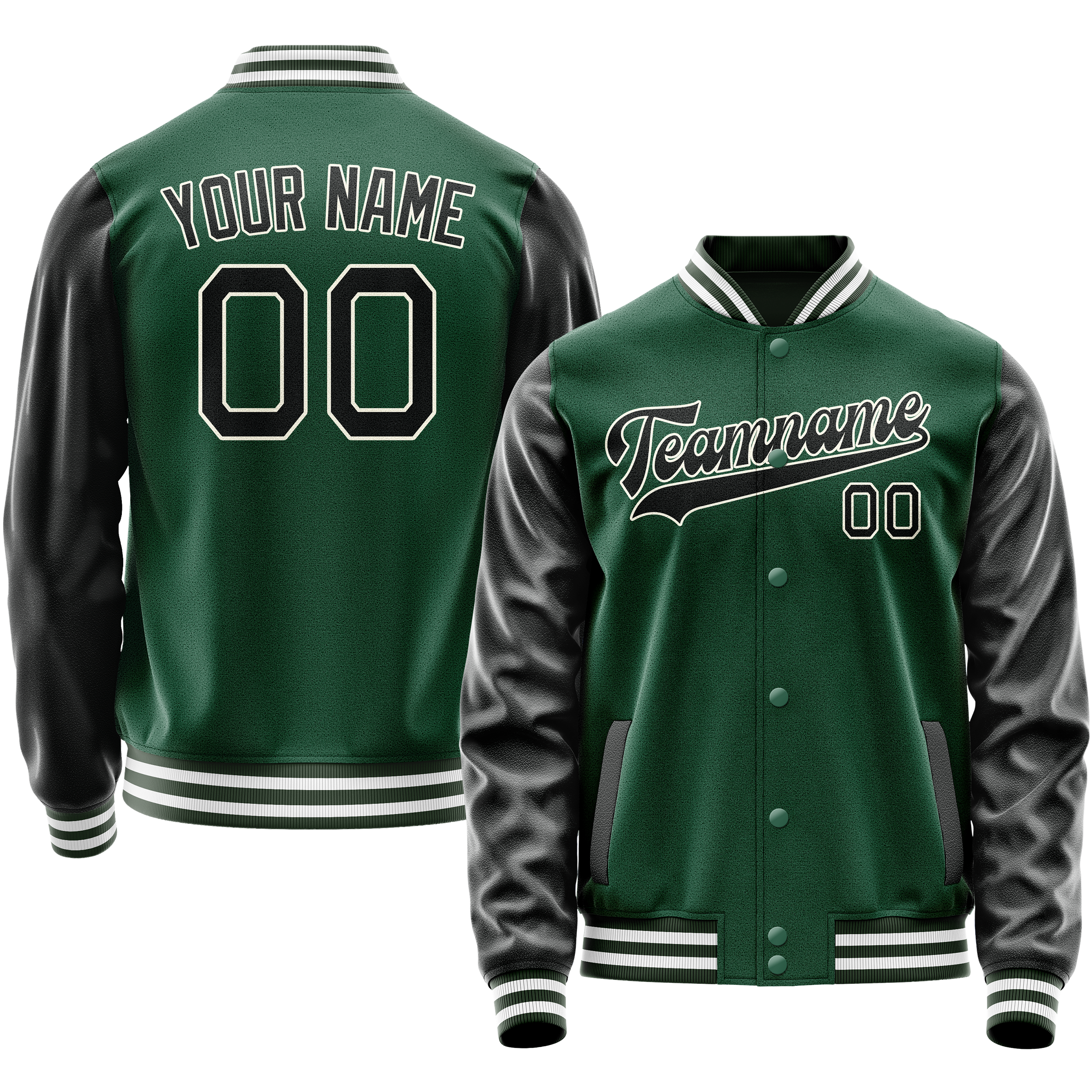 Personalized Green & Black Solid Color Varsity Letterman Jacket