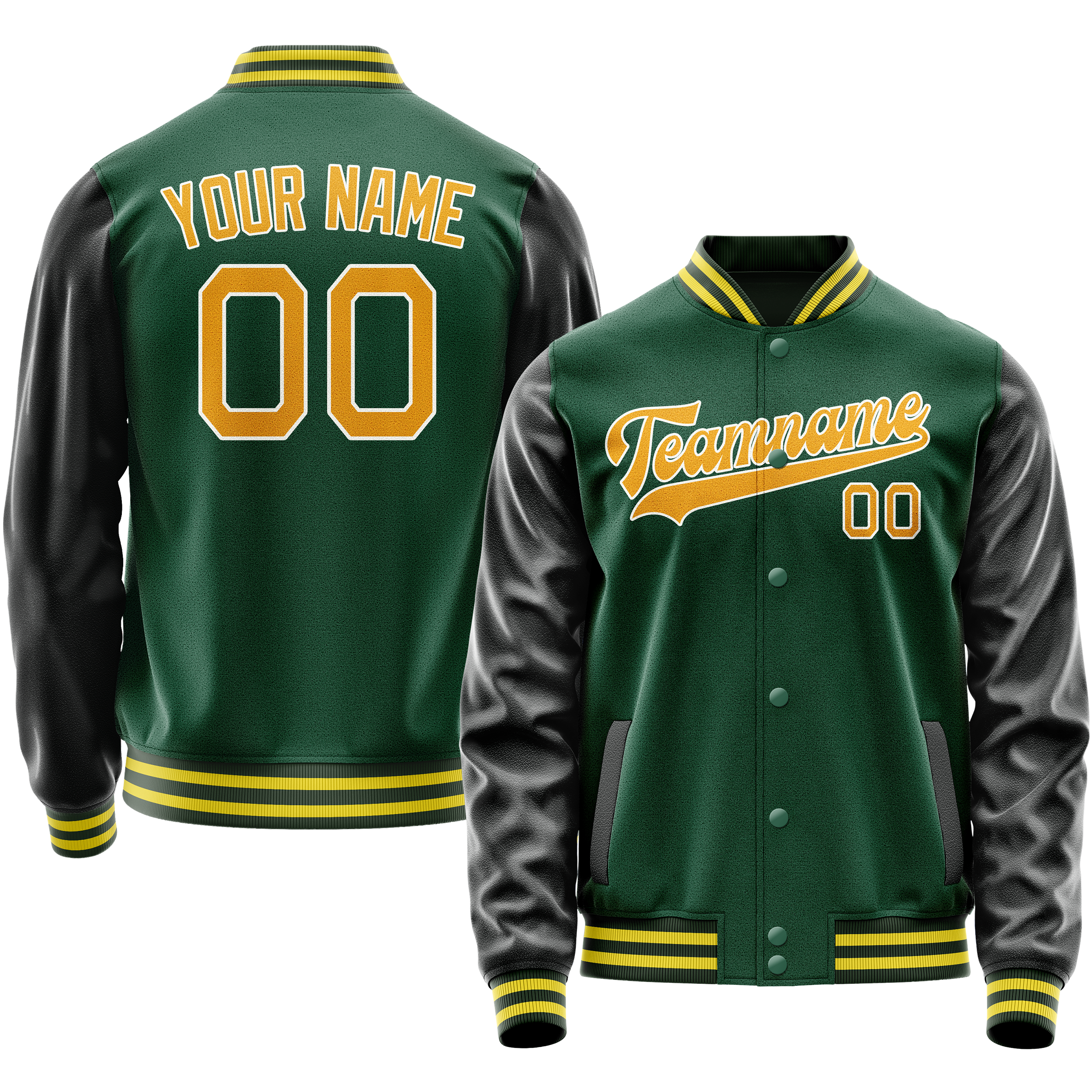 Personalized Green & Gold Solid Color Varsity Letterman Jacket