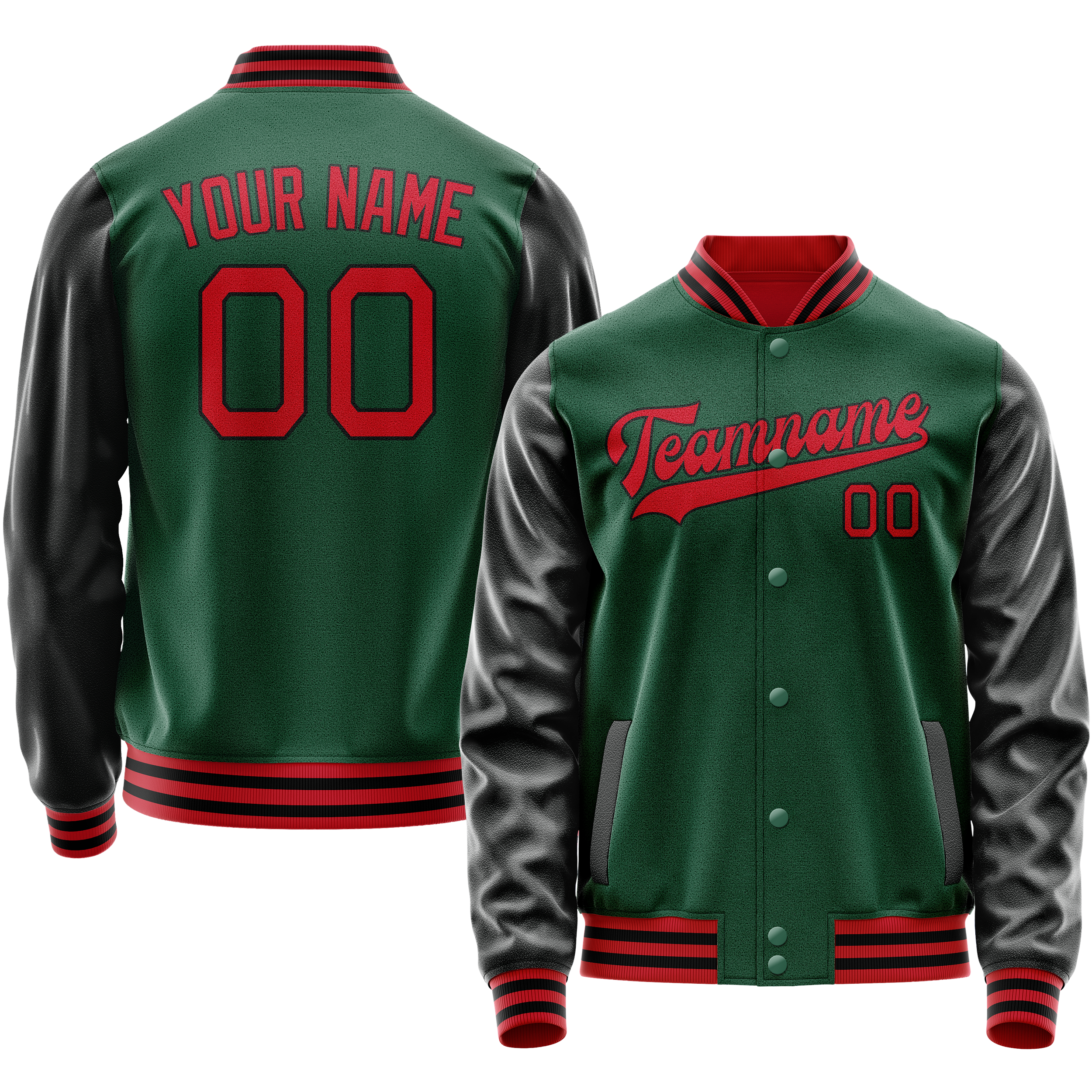 Personalized Green & Black Solid Color Varsity Letterman Jacket