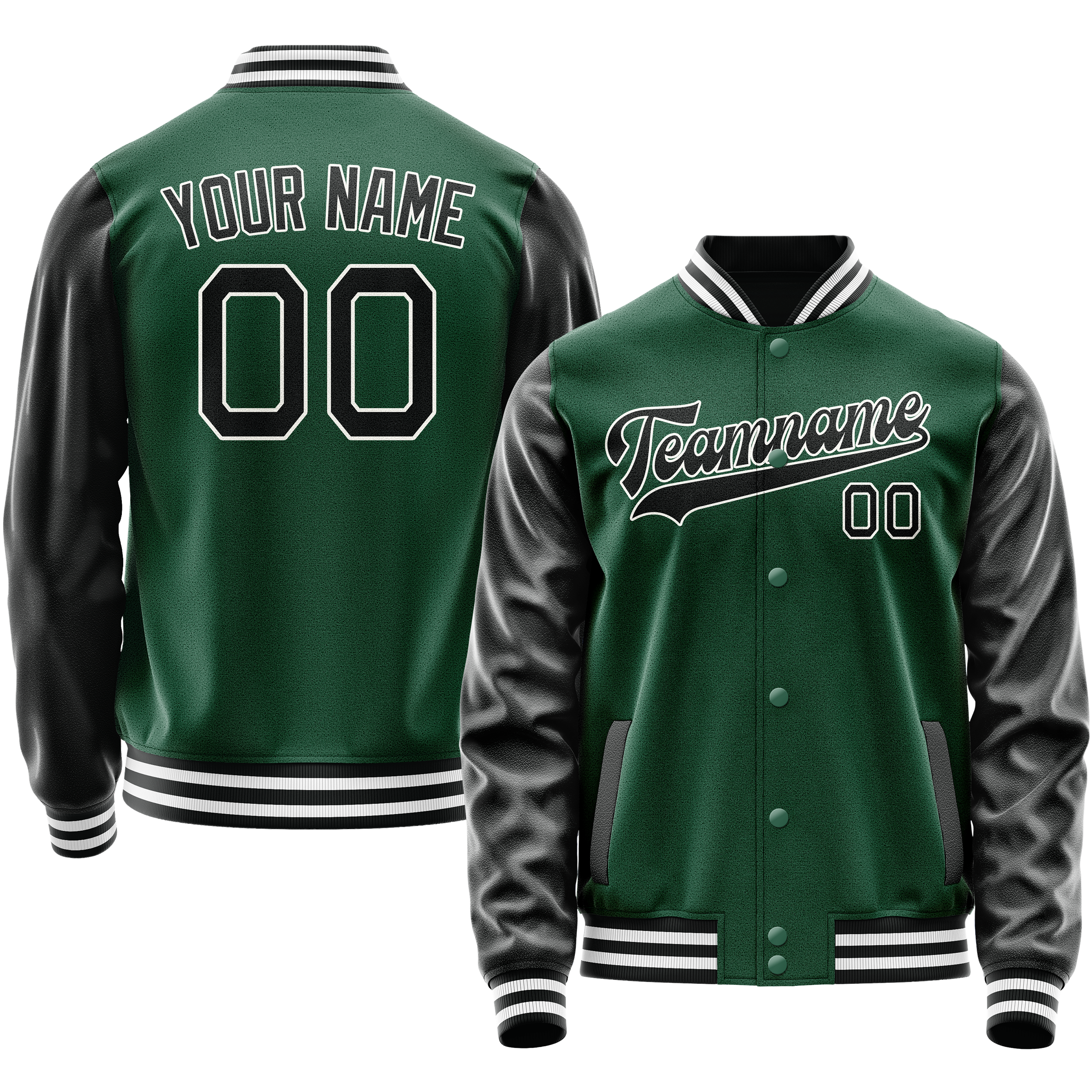 Personalized Green & Black Solid Color Varsity Letterman Jacket