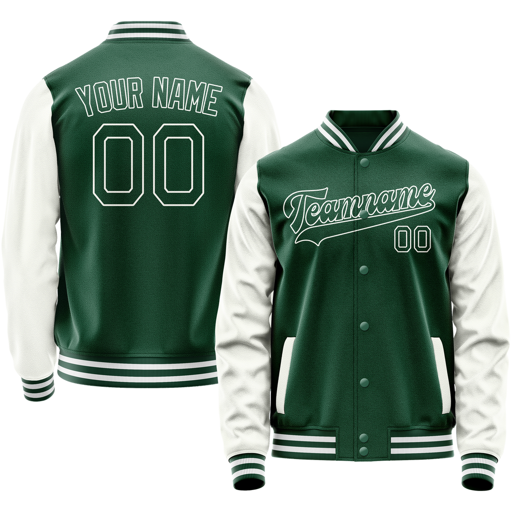 Personalized Green & White Solid Color Varsity Letterman Jacket