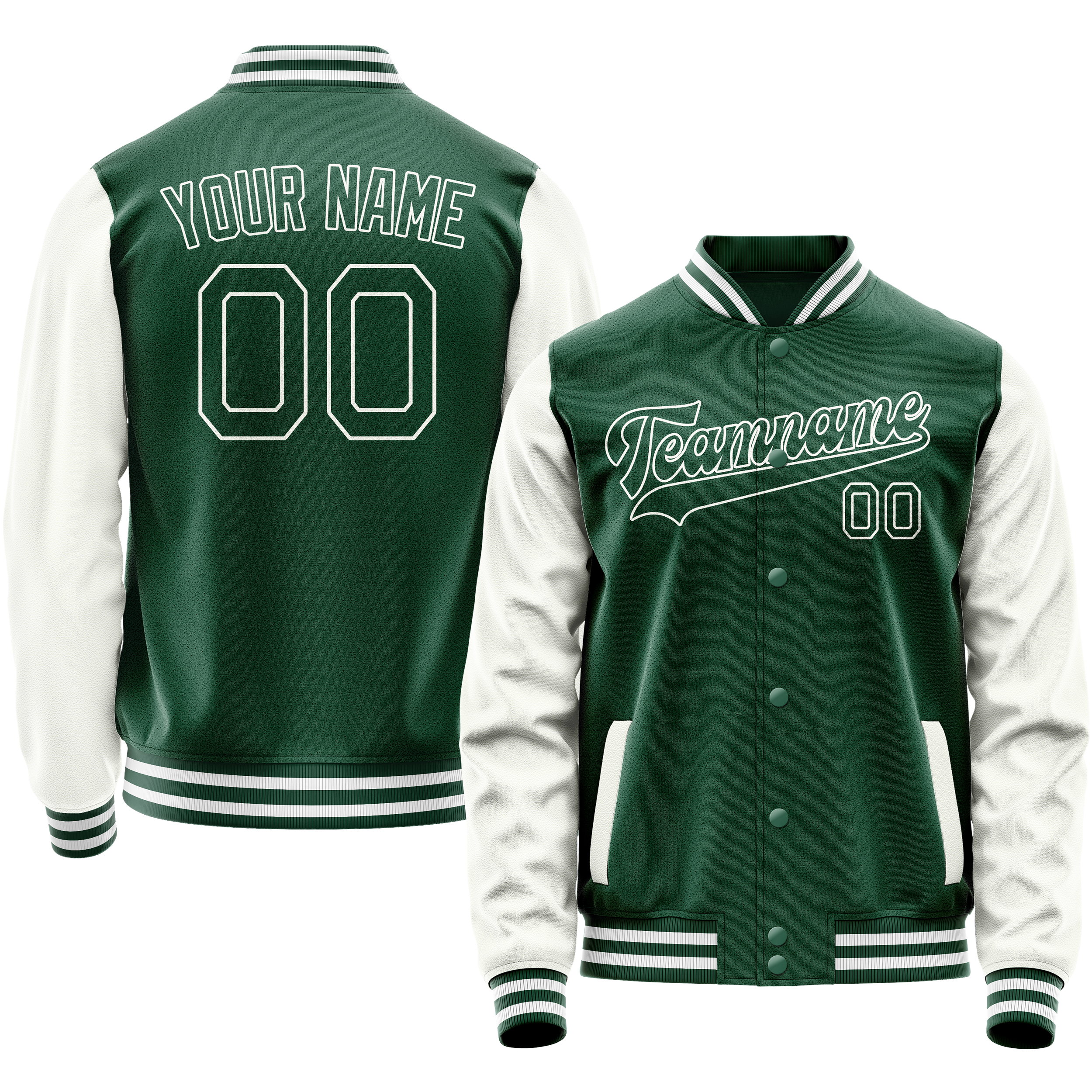 Personalized Green & White Solid Color Varsity Letterman Jacket
