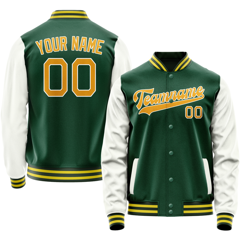 Personalized Green & White Solid Color Varsity Letterman Jacket