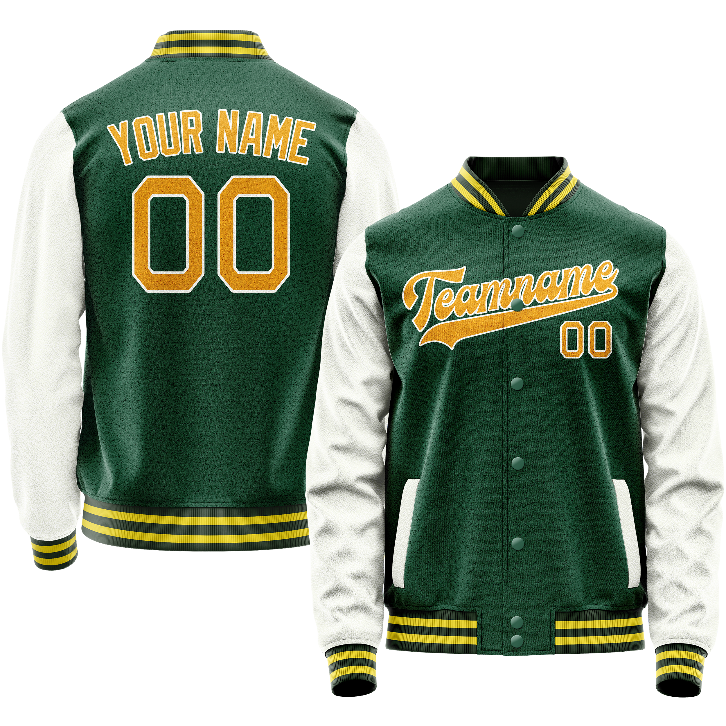 Personalized Green & White Solid Color Varsity Letterman Jacket