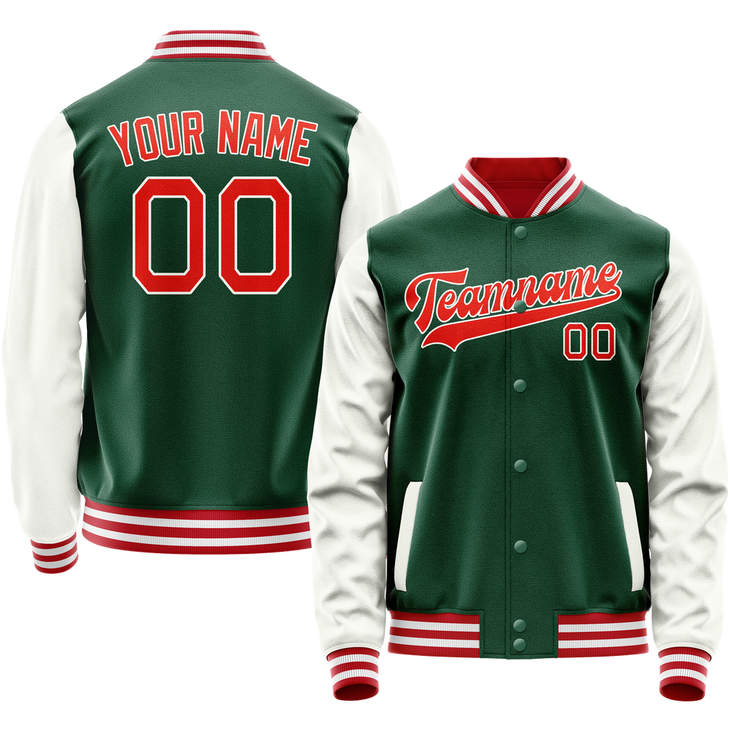 Personalized Green & White Solid Color Varsity Letterman Jacket