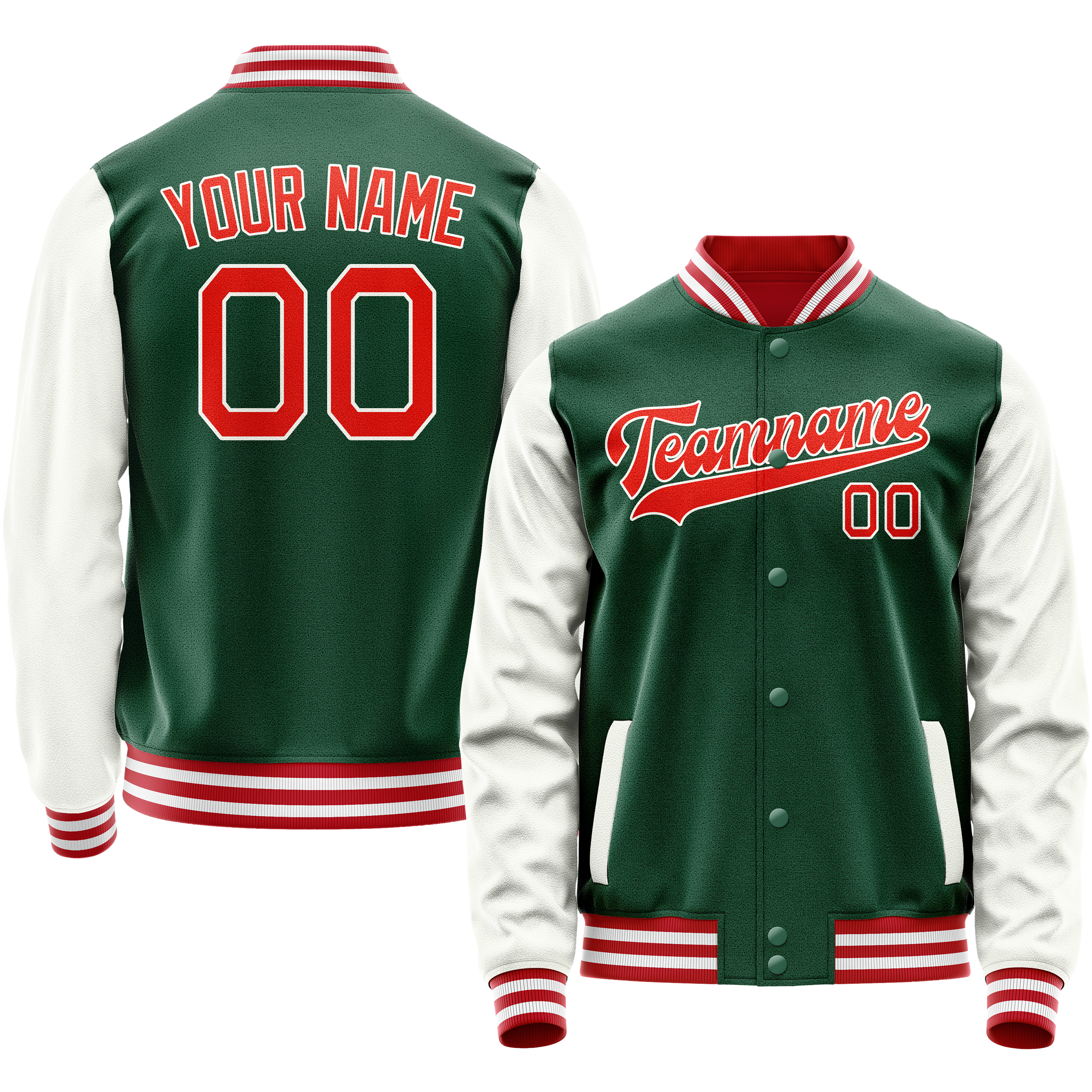 Personalized Green & White Solid Color Varsity Letterman Jacket