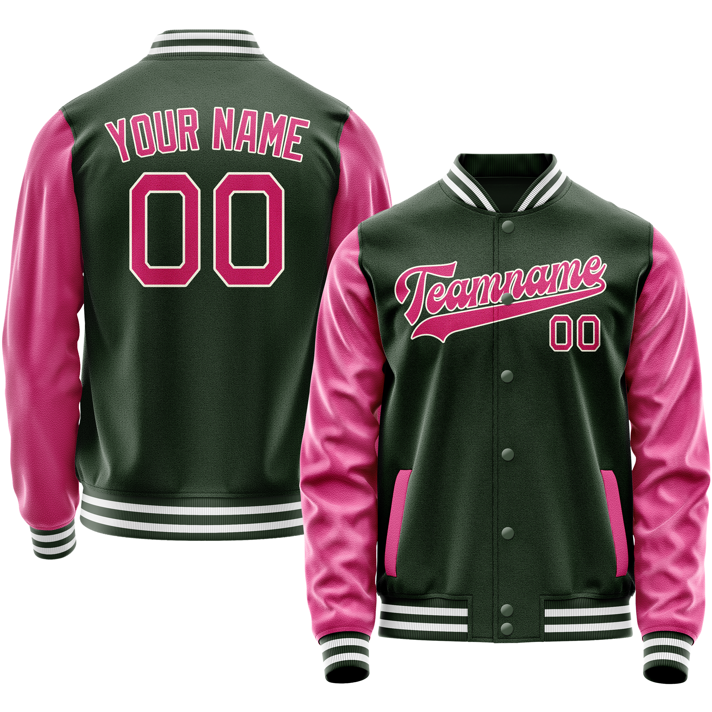 Personalized Green & Pink Solid Color Varsity Letterman Jacket