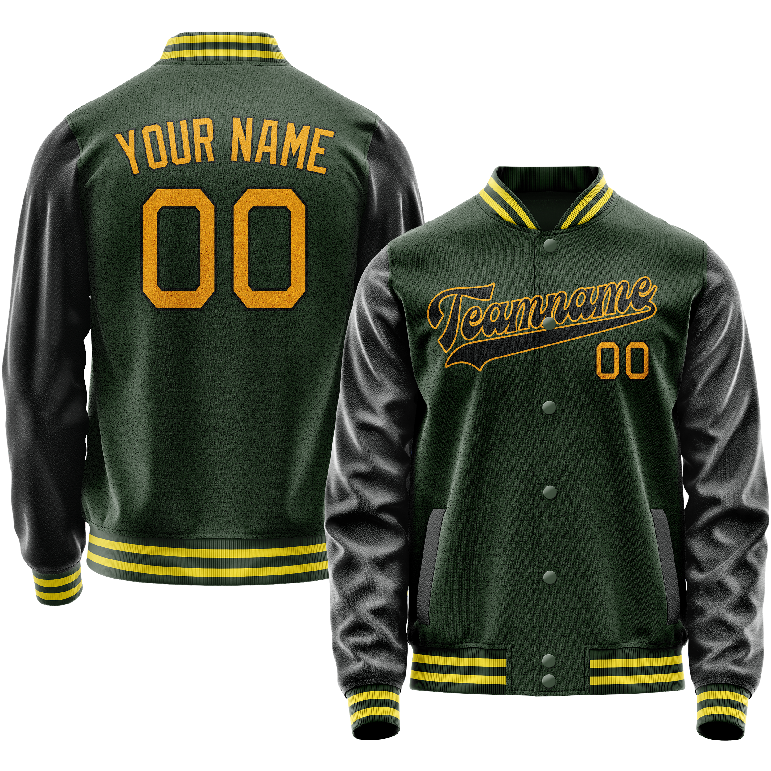 Personalized Green & Gold Solid Color Varsity Letterman Jacket