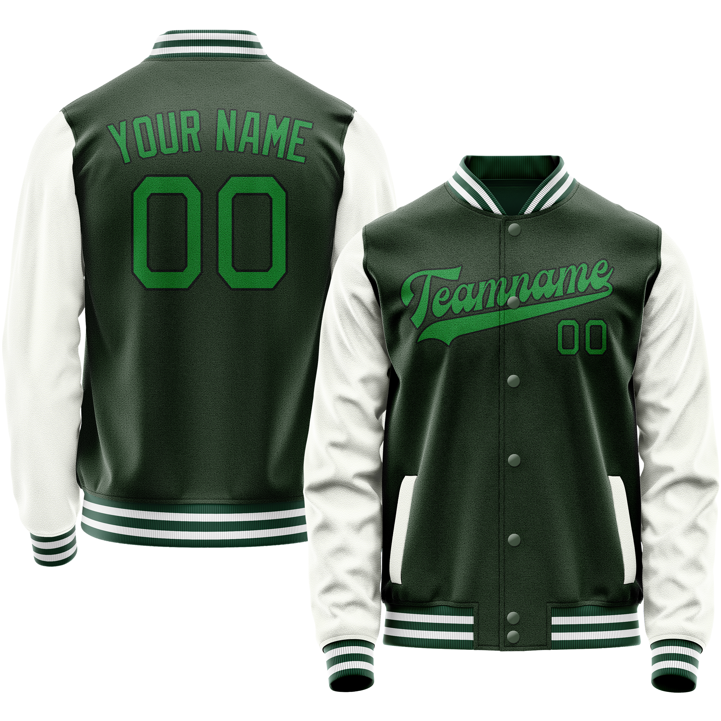 Personalized Green & White Solid Color Varsity Letterman Jacket