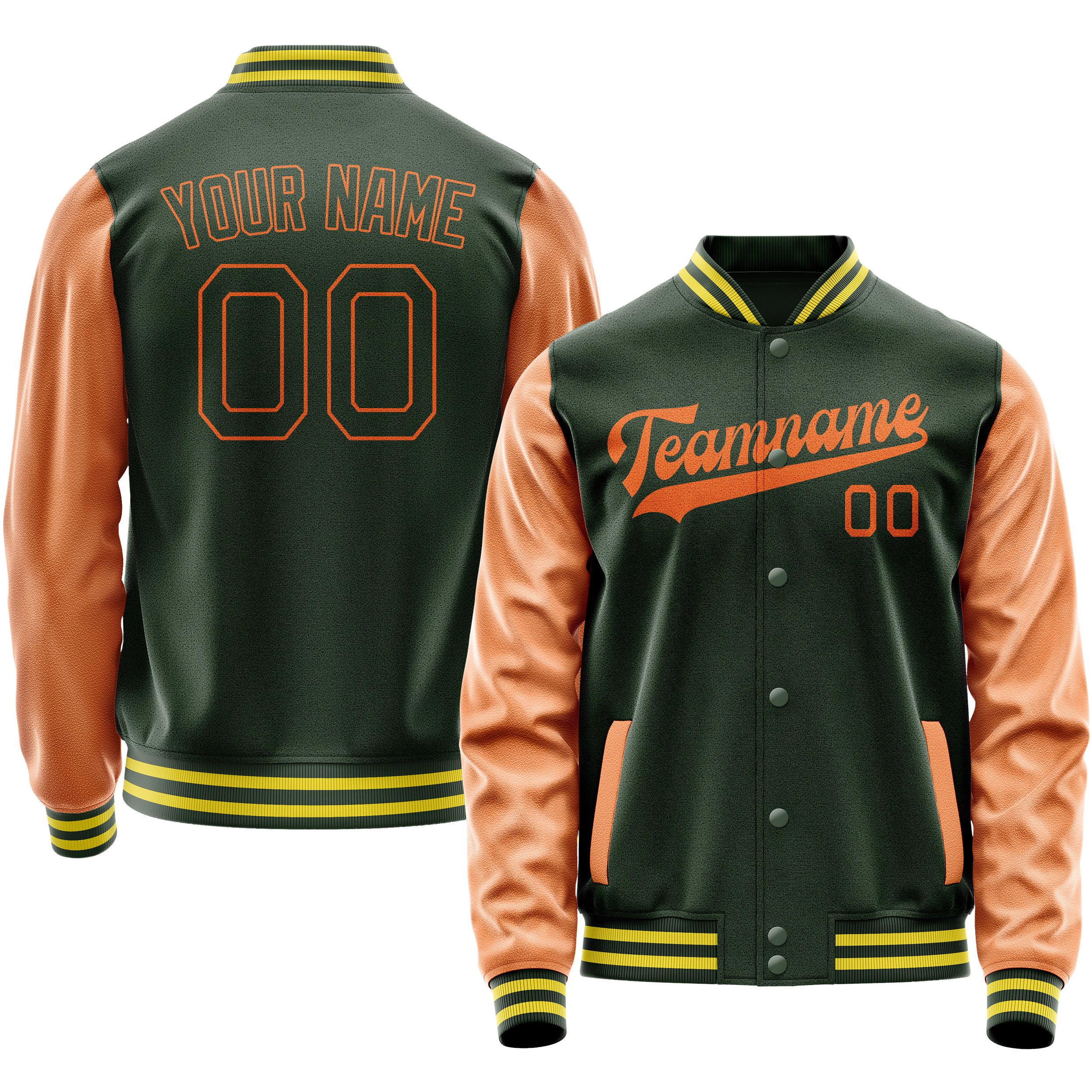 Personalized Green & Orange Solid Color Varsity Letterman Jacket