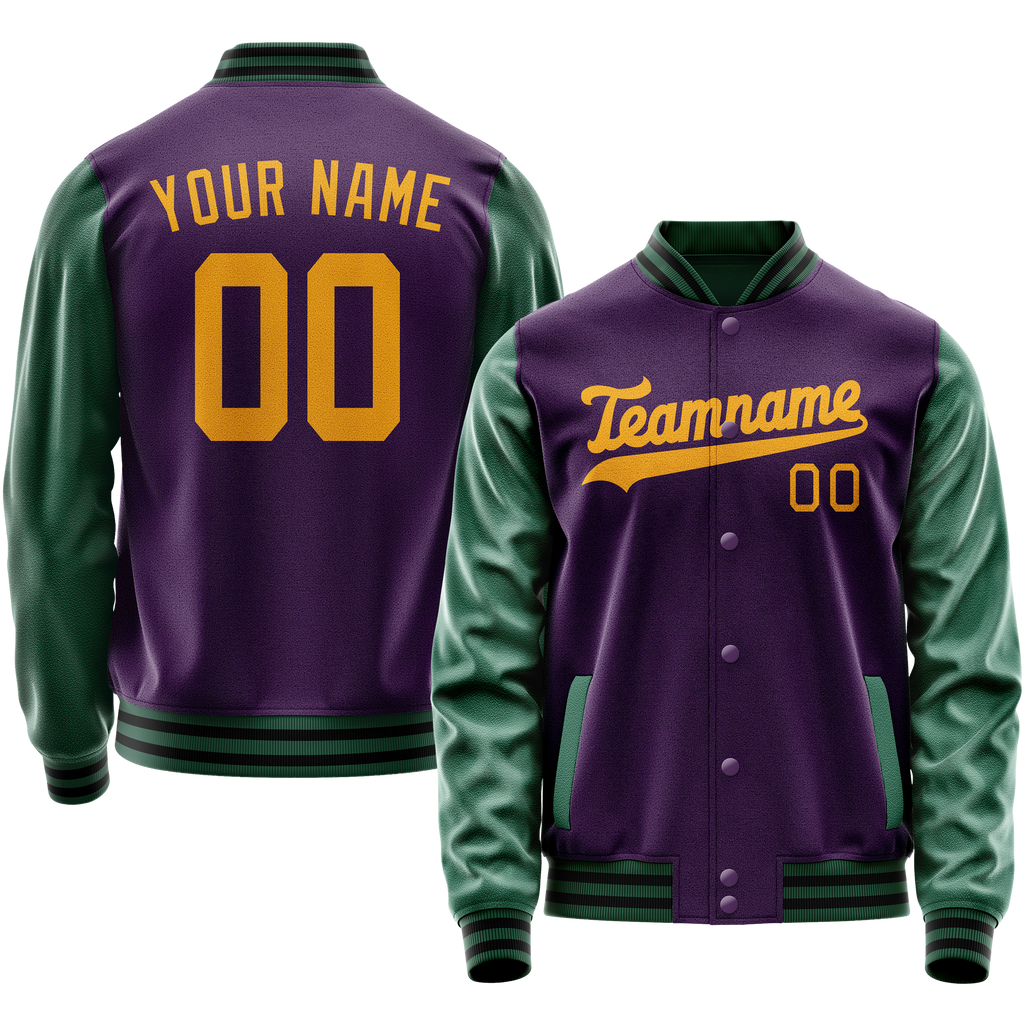 Personalized Purple & Green Solid Color Varsity Letterman Jacket