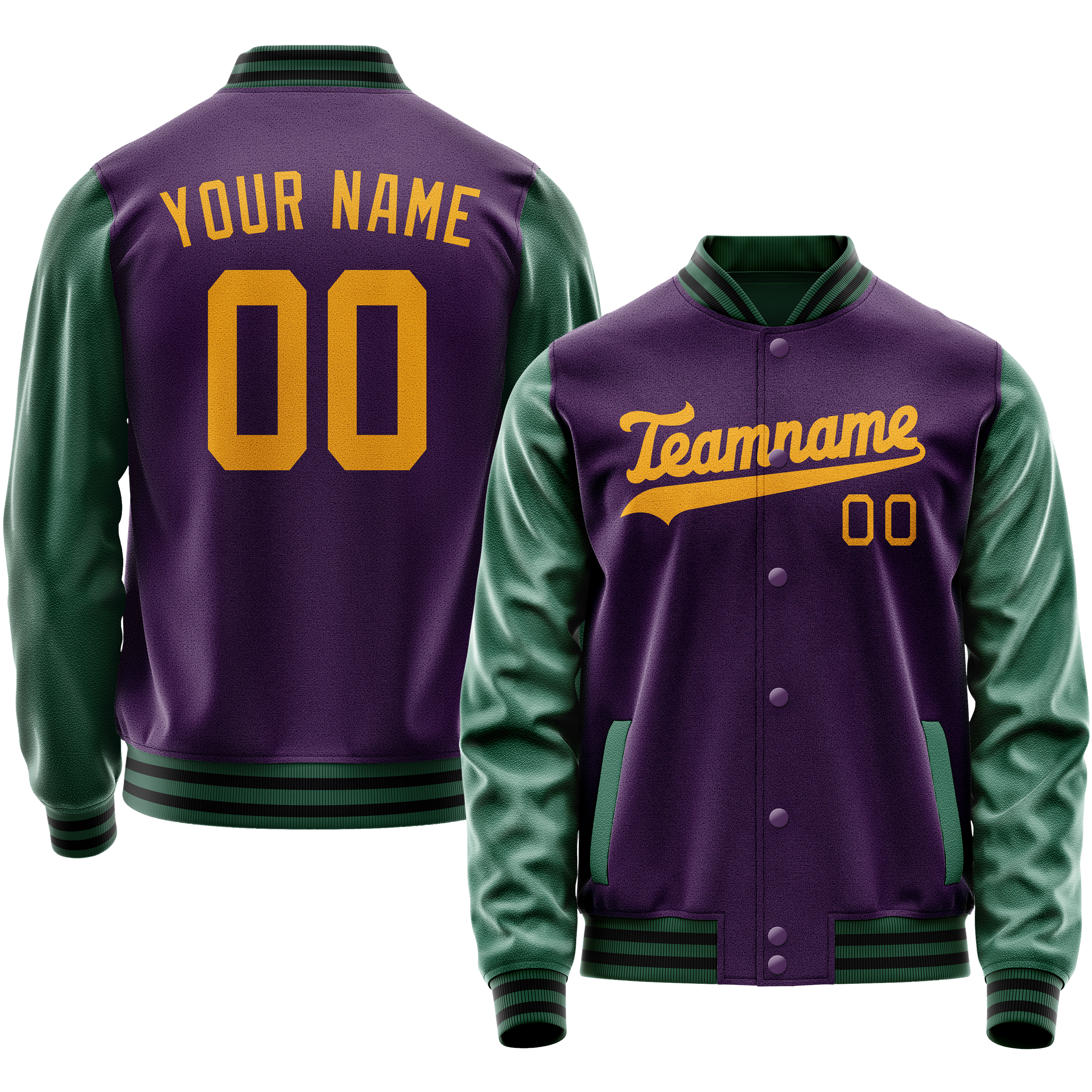 Personalized Purple & Green Solid Color Varsity Letterman Jacket