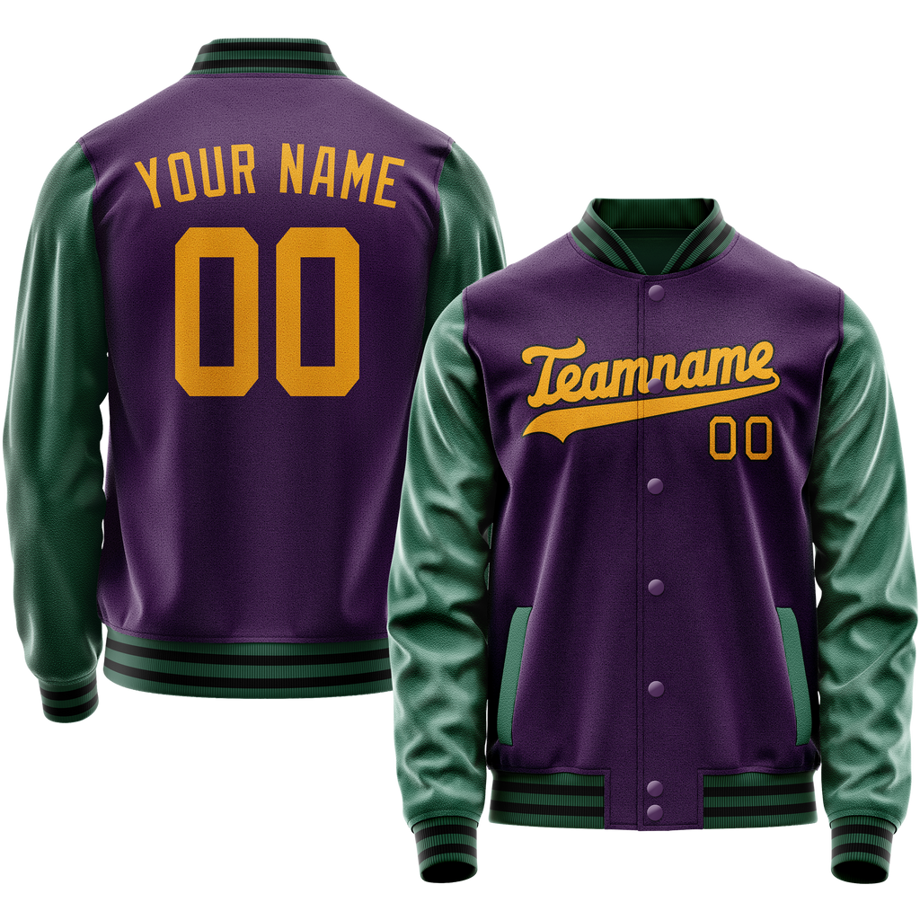 Personalized Purple & Green Solid Color Varsity Letterman Jacket