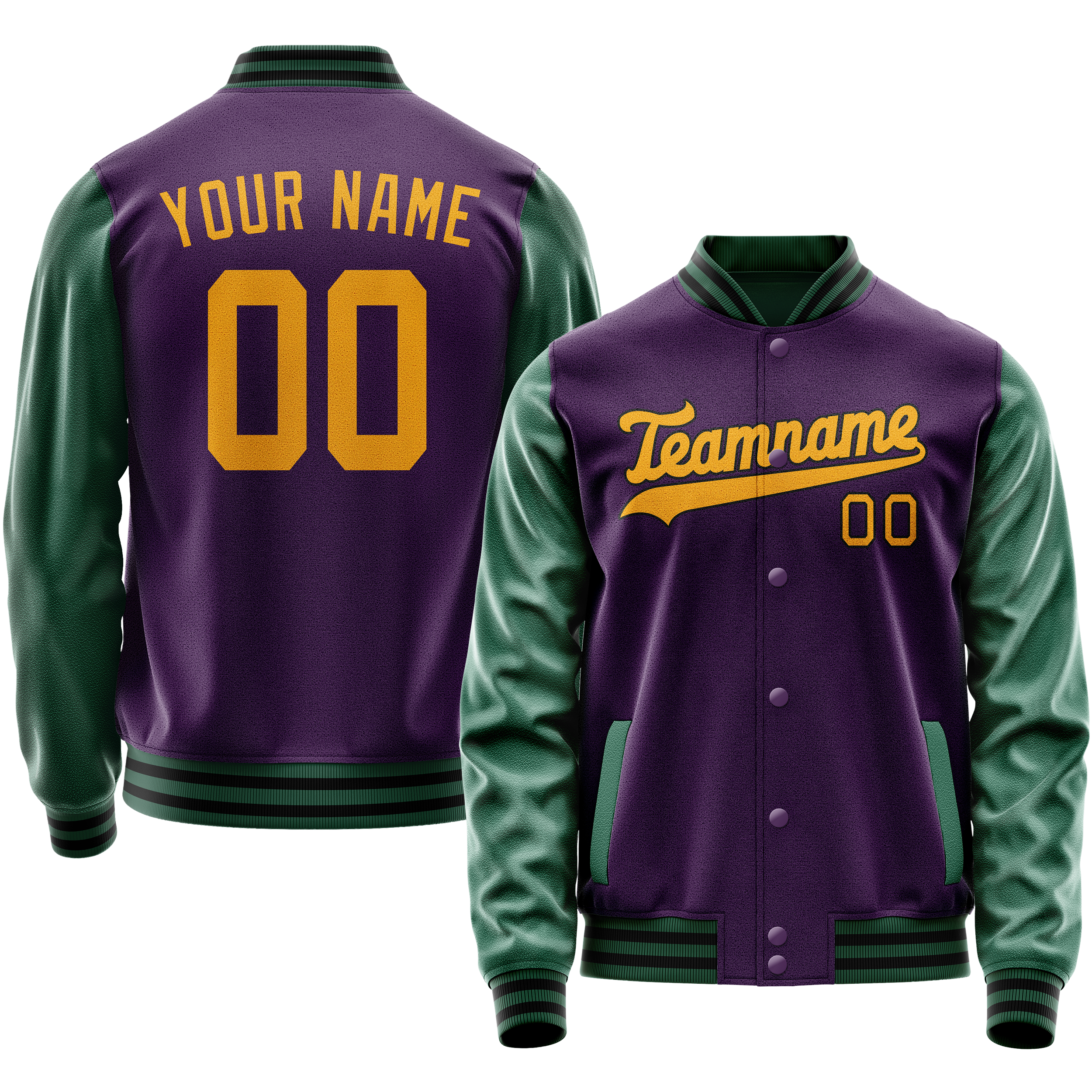 Personalized Purple & Green Solid Color Varsity Letterman Jacket