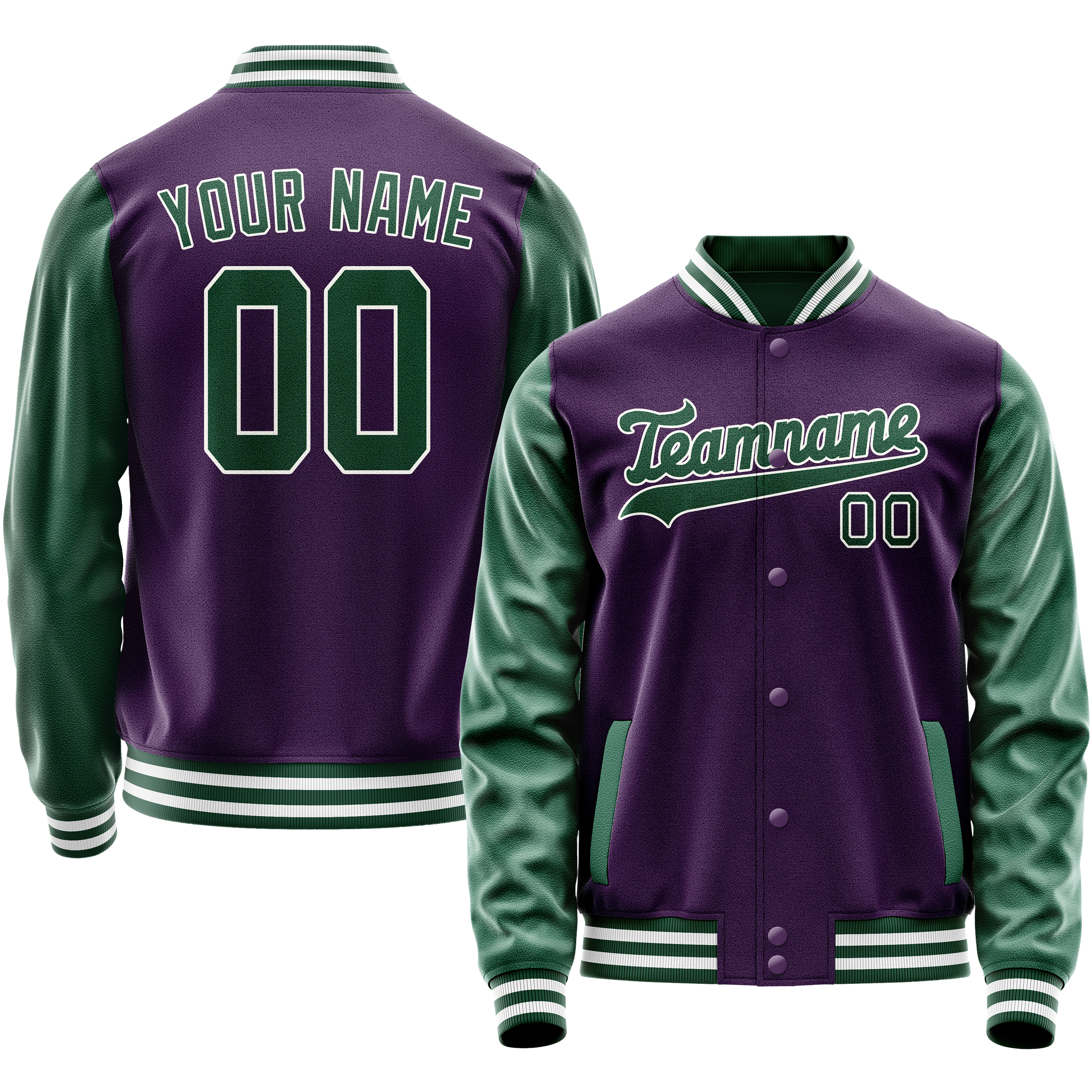 Personalized Purple & Green Solid Color Varsity Letterman Jacket