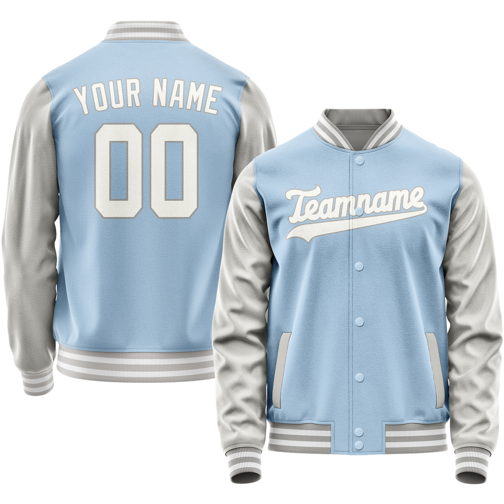 Personalized Light-Blue & Gray Solid Color Varsity Letterman Jacket