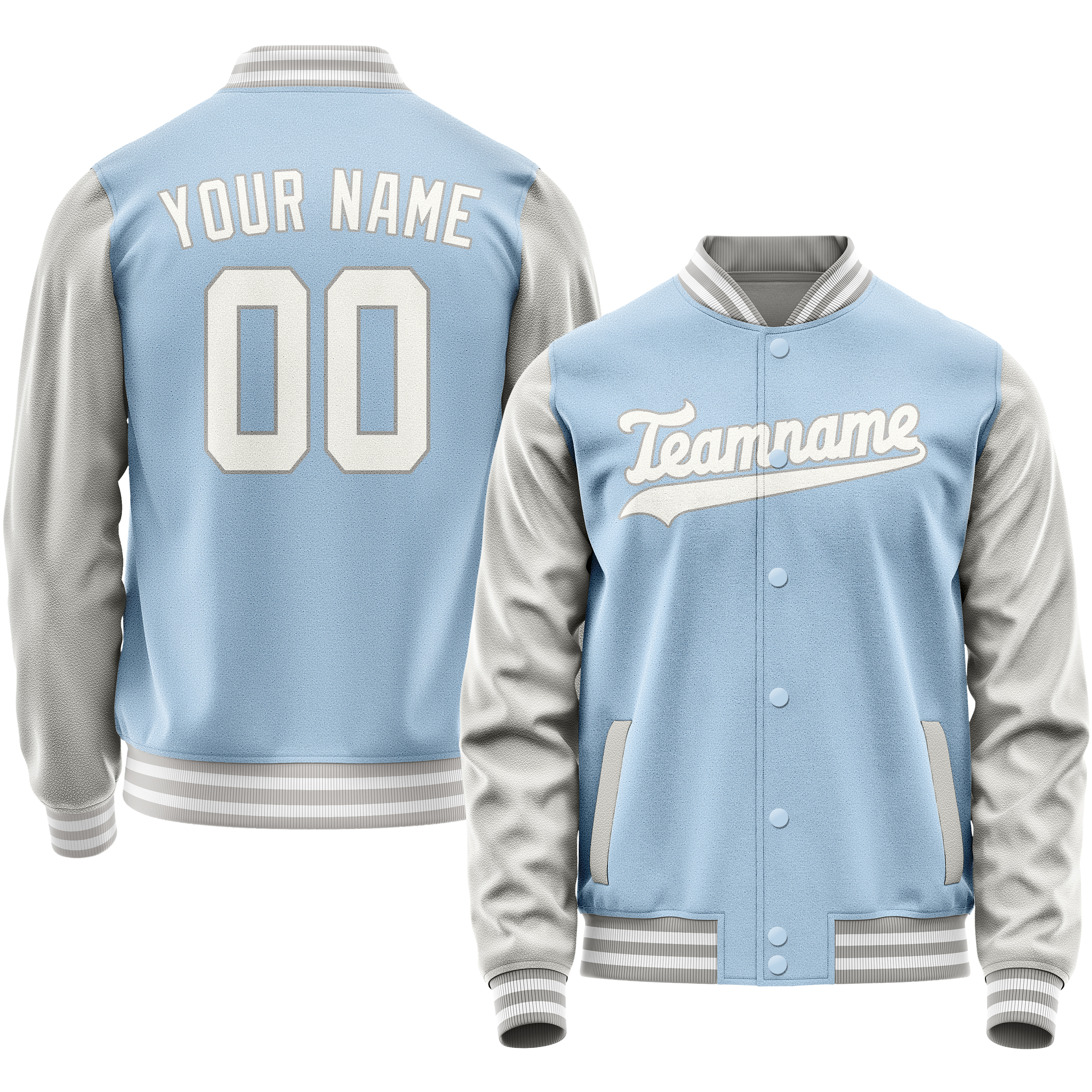Personalized Light-Blue & Gray Solid Color Varsity Letterman Jacket