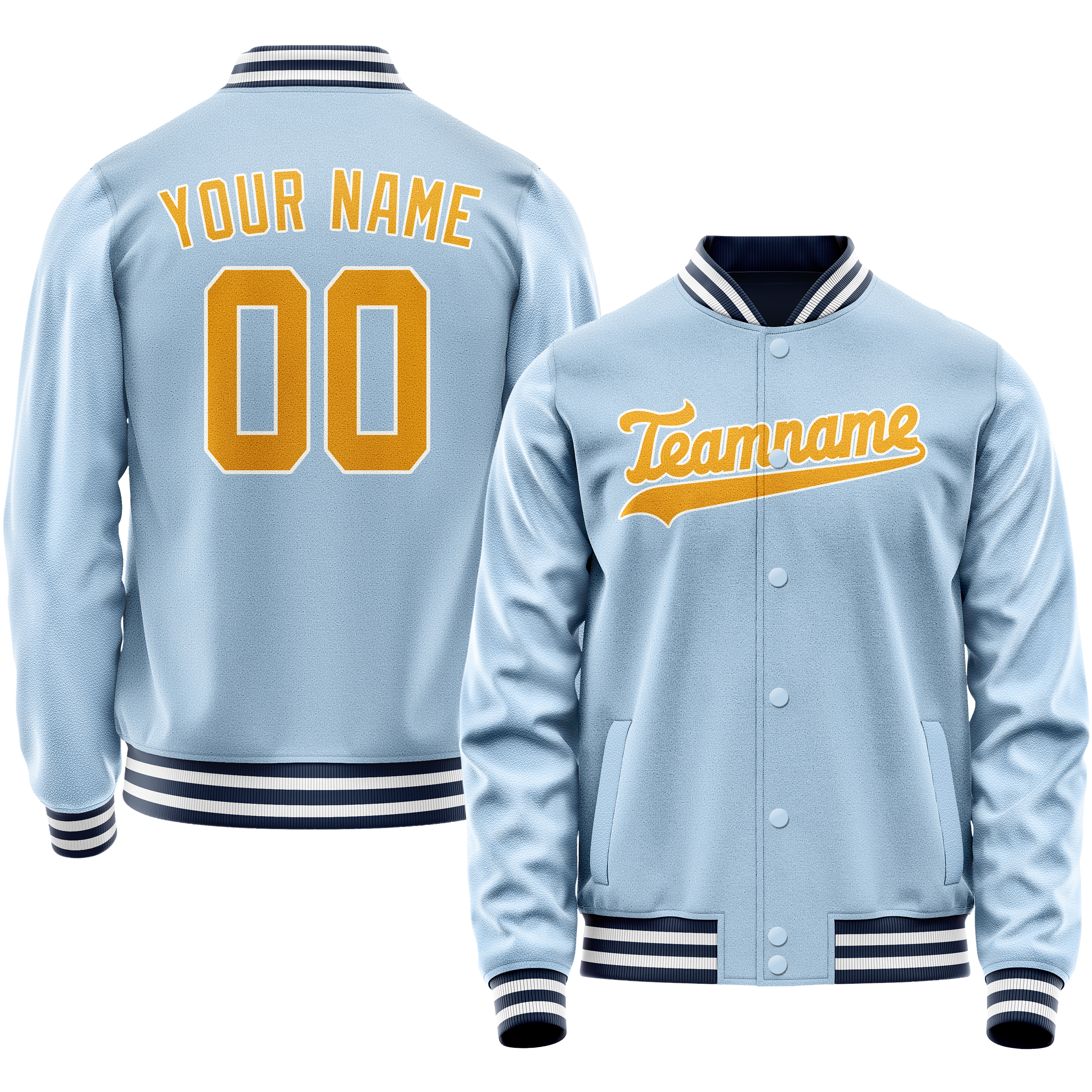 Personalized Light-Blue & Gold Solid Color Varsity Letterman Jacket