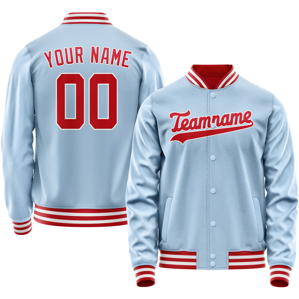 Personalized Light-Blue & Red Solid Color Varsity Letterman Jacket