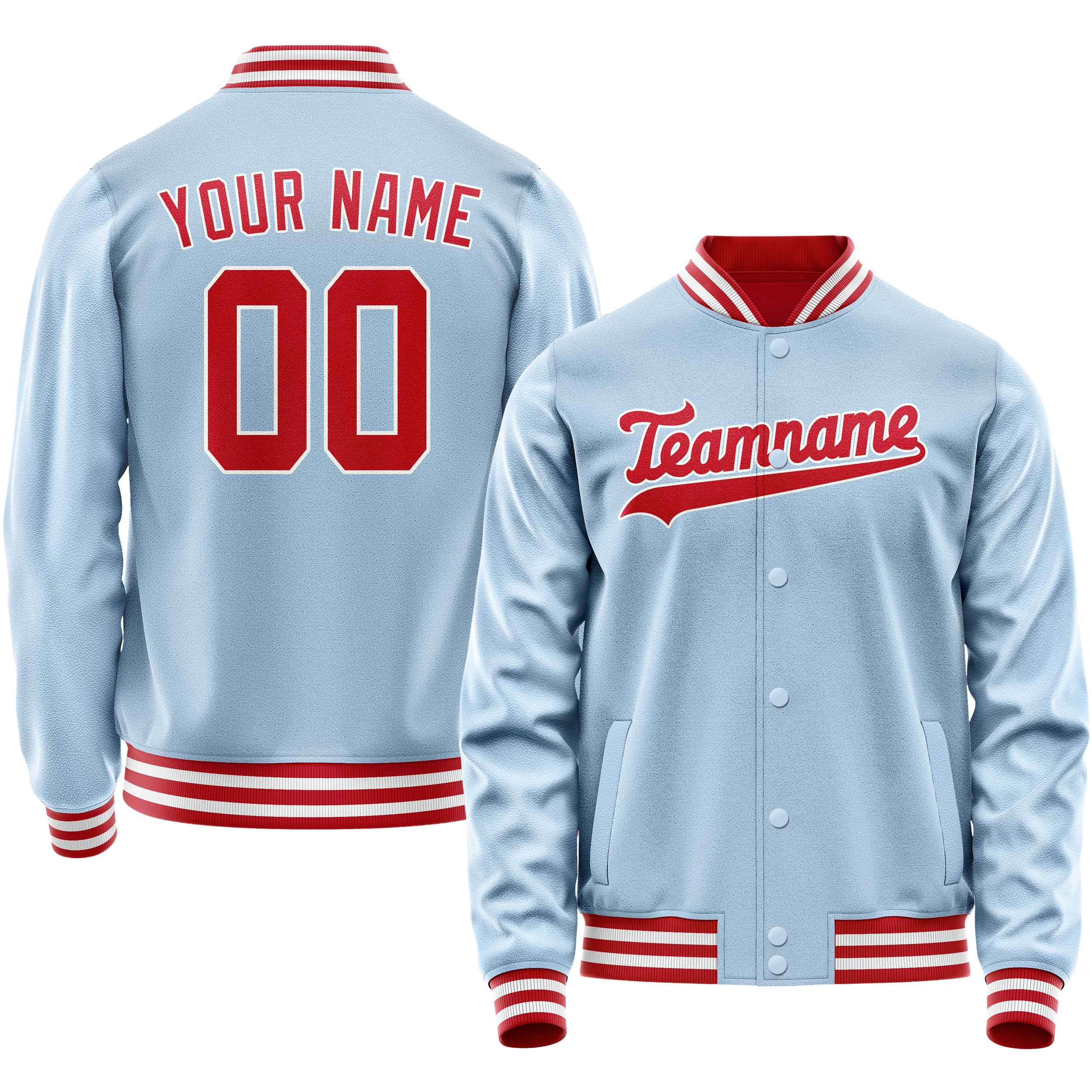 Personalized Light-Blue & Red Solid Color Varsity Letterman Jacket