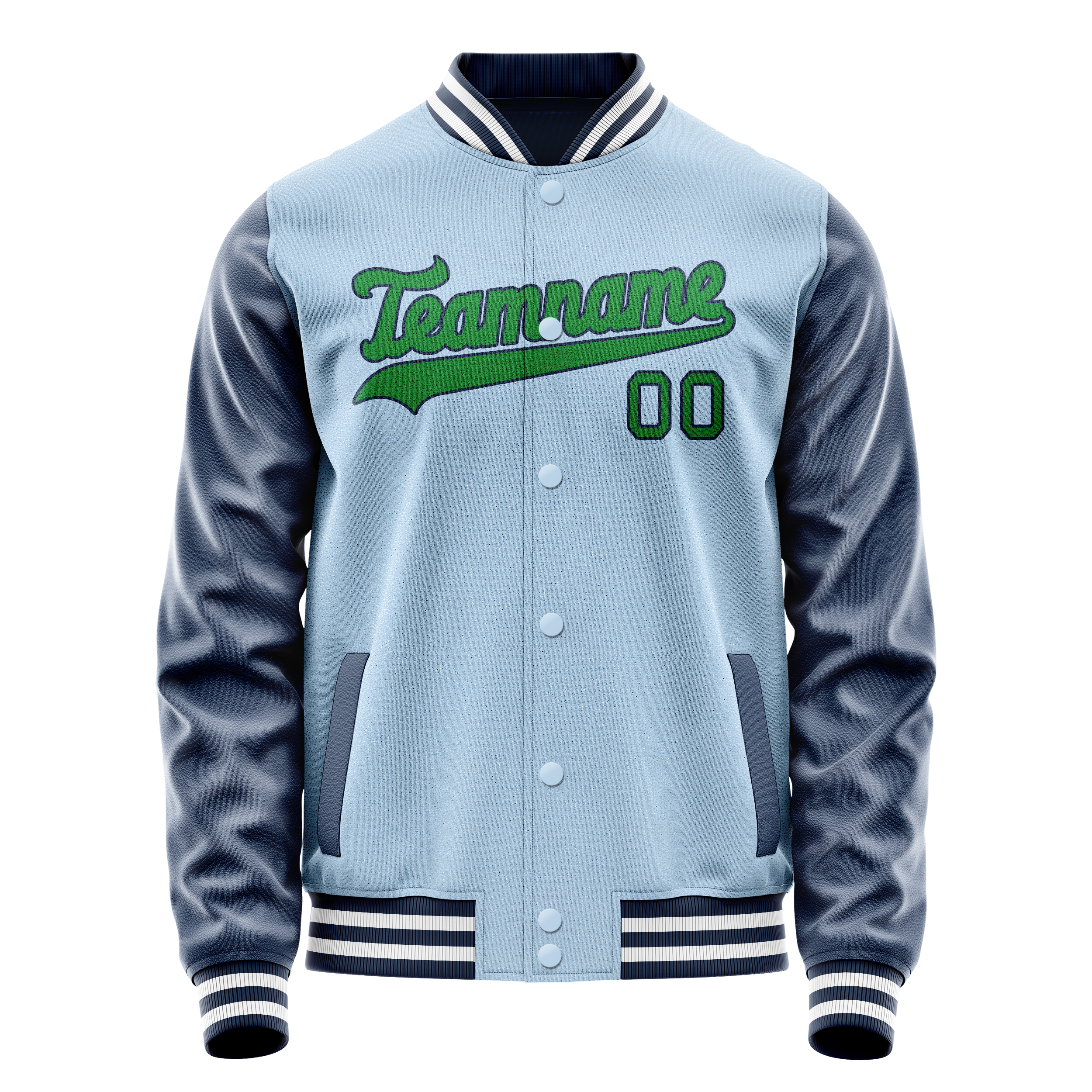 Personalized Light-Blue & Neon-Green Solid Color Varsity Letterman Jacket