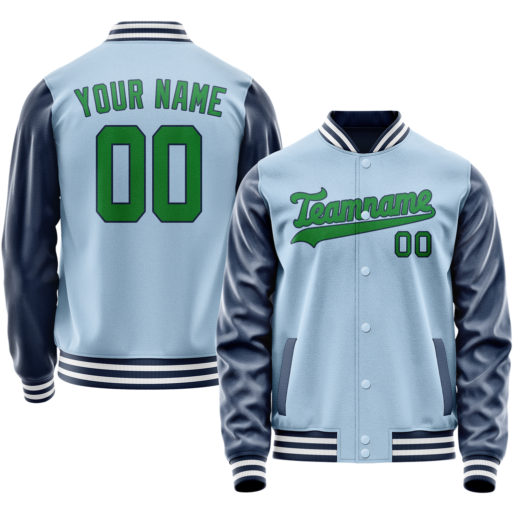 Personalized Light-Blue & Neon-Green Solid Color Varsity Letterman Jacket