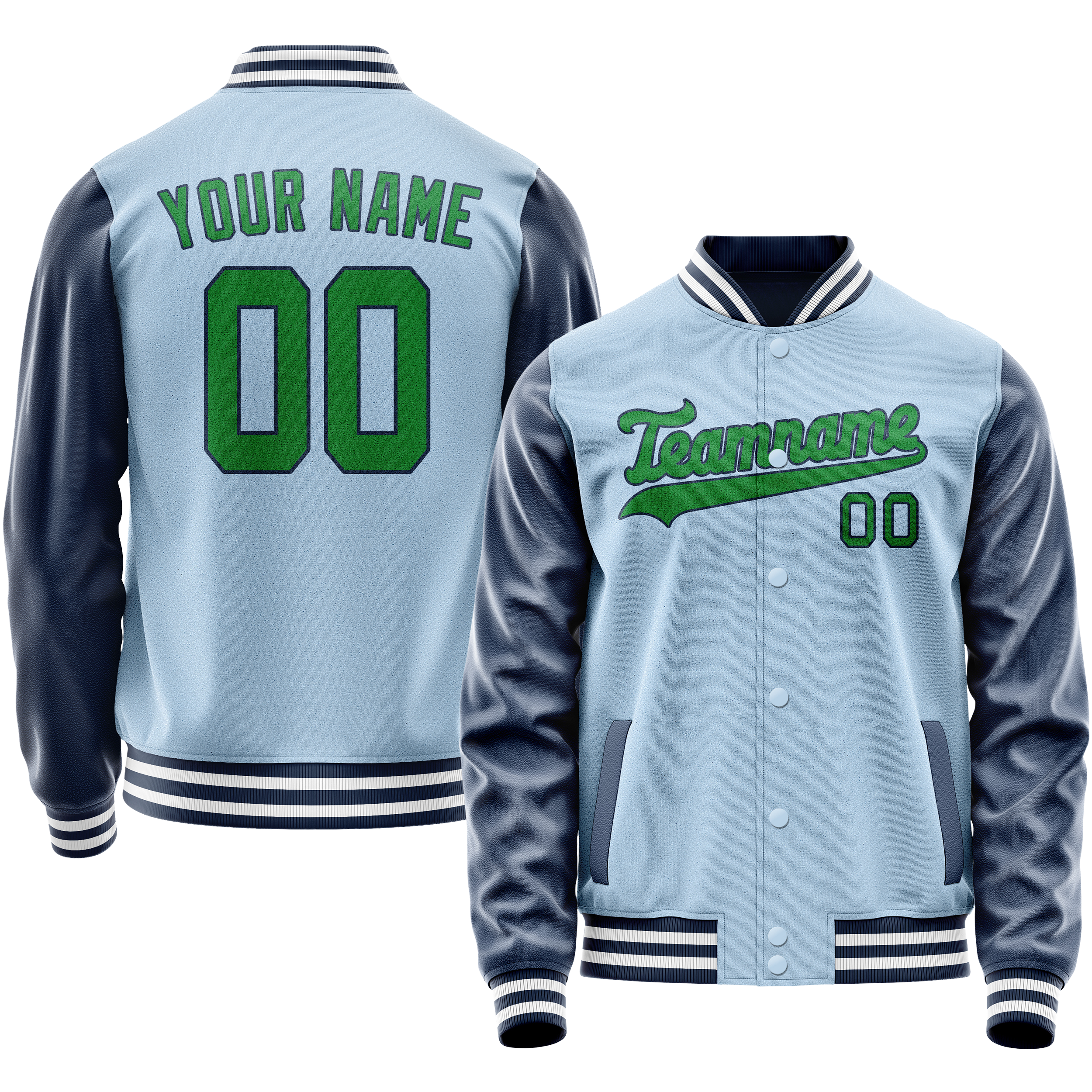 Personalized Light-Blue & Neon-Green Solid Color Varsity Letterman Jacket