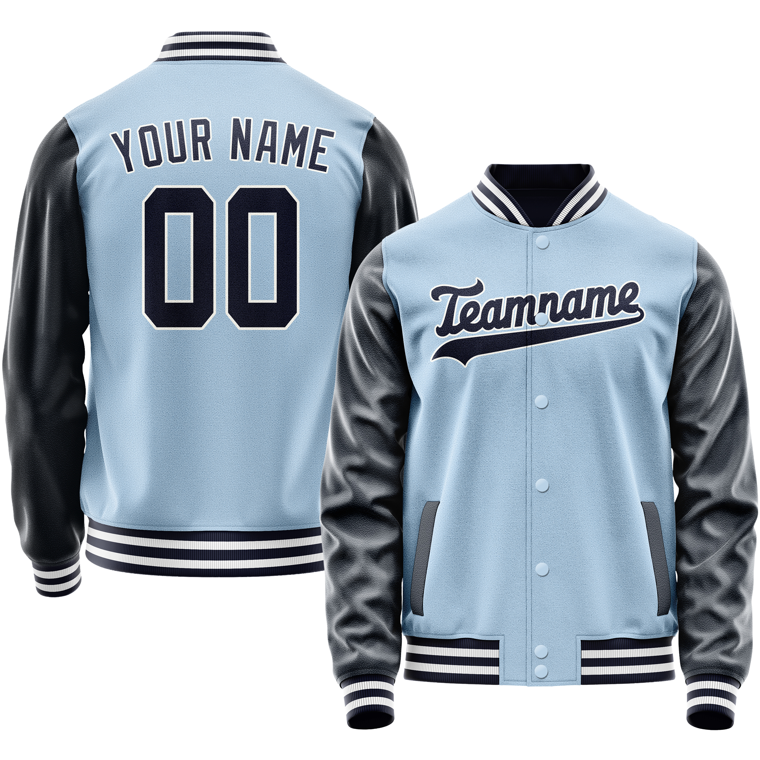 Personalized Light-Blue & Navy Solid Color Varsity Letterman Jacket