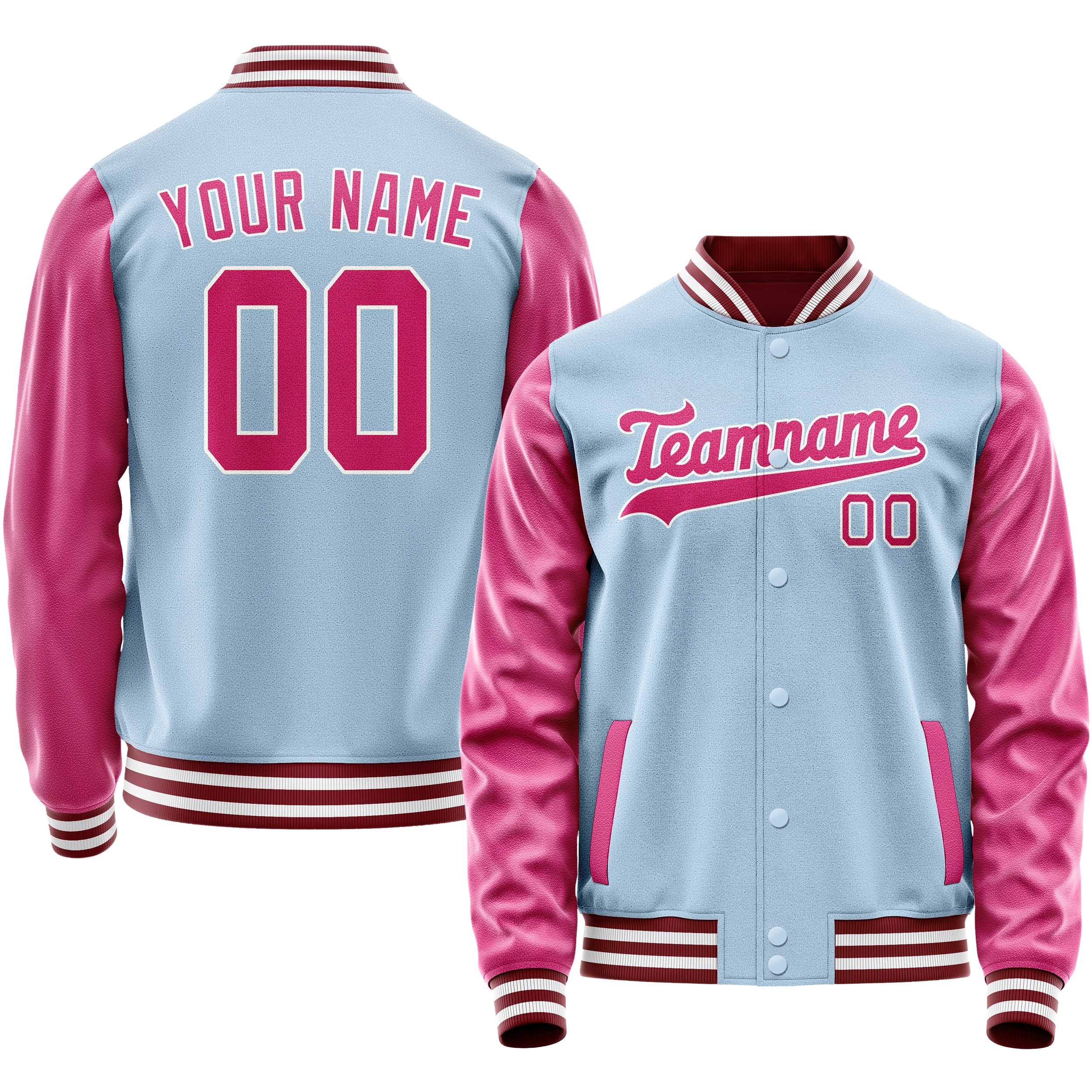 Personalized Light-Blue & Pink Solid Color Varsity Letterman Jacket