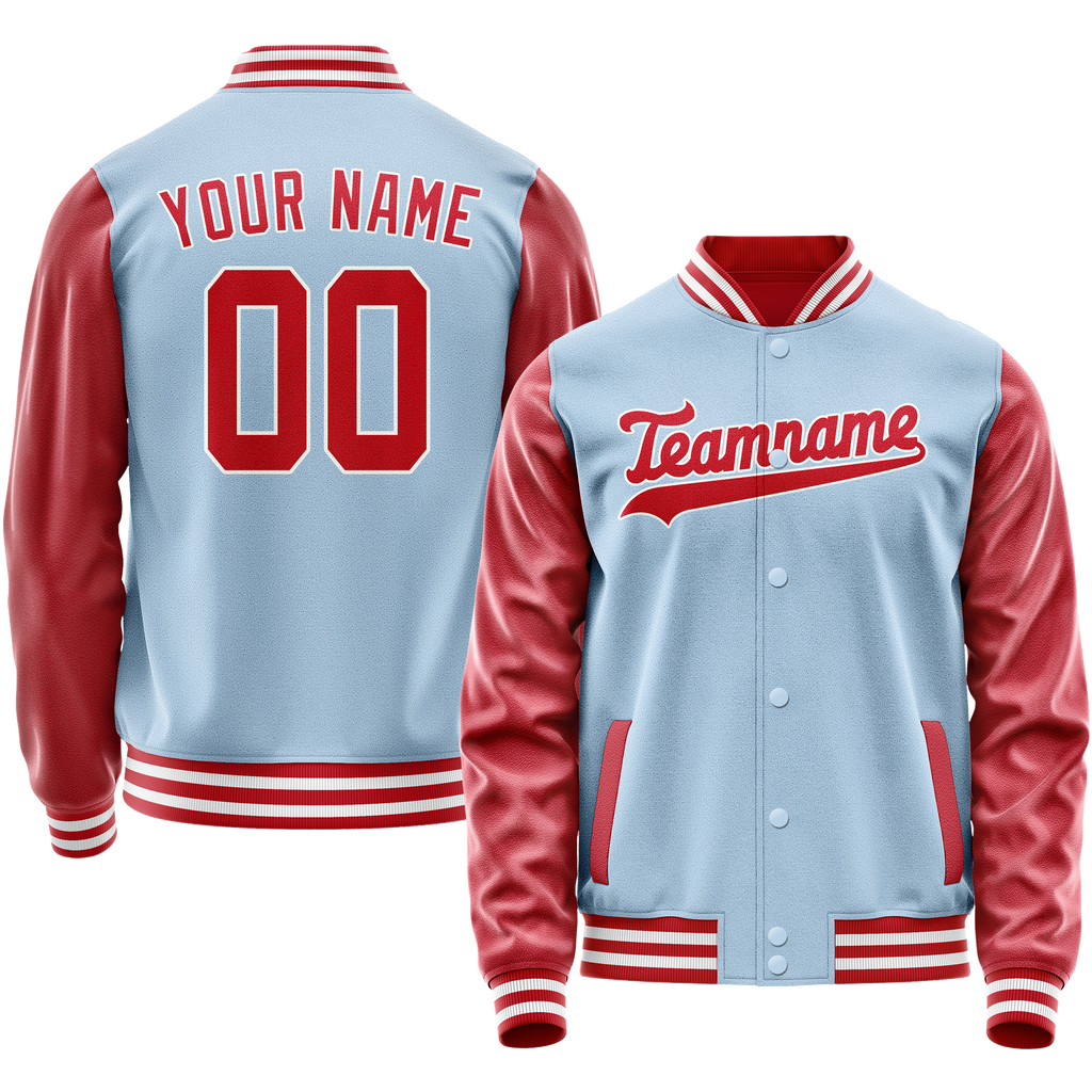 Personalized Light-Blue & Red Solid Color Varsity Letterman Jacket