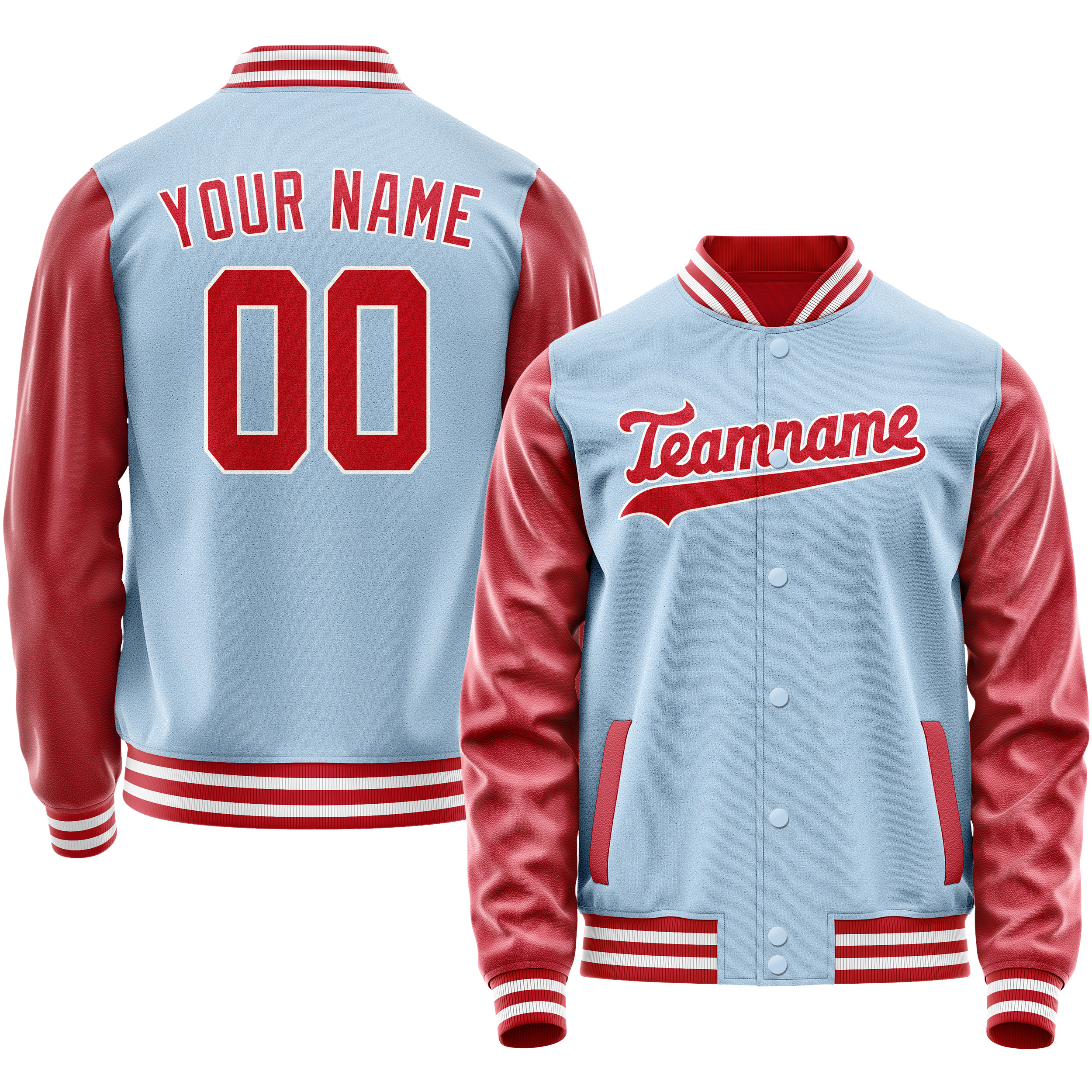 Personalized Light-Blue & Red Solid Color Varsity Letterman Jacket