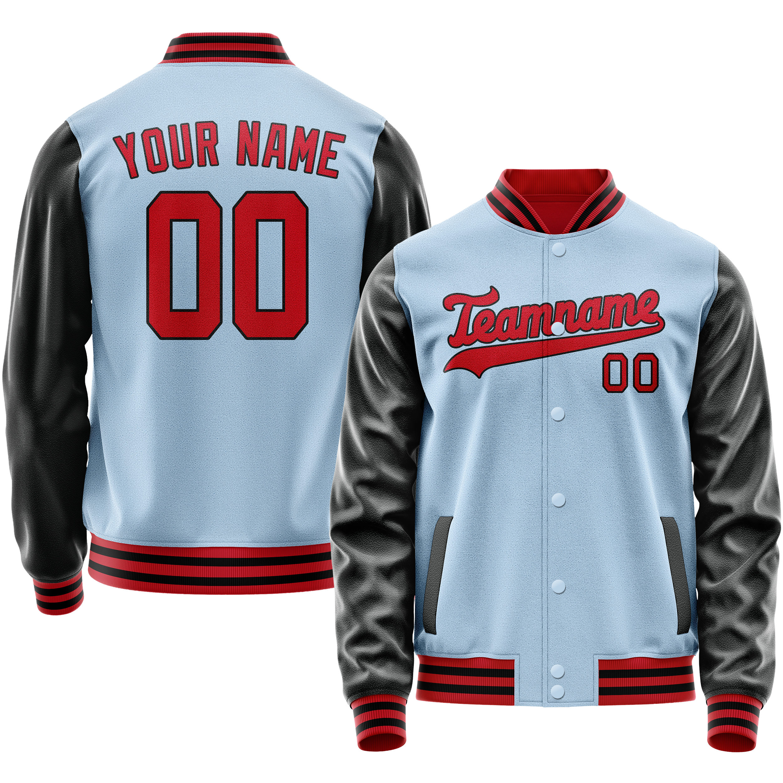 Personalized Light-Blue & Crimson Solid Color Varsity Letterman Jacket