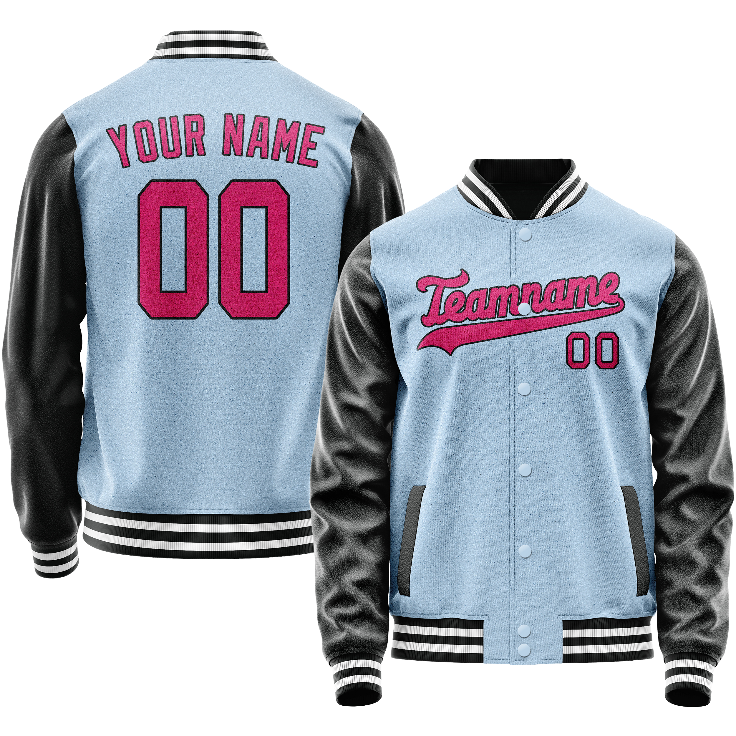 Personalized Light-Blue & Pink Solid Color Varsity Letterman Jacket