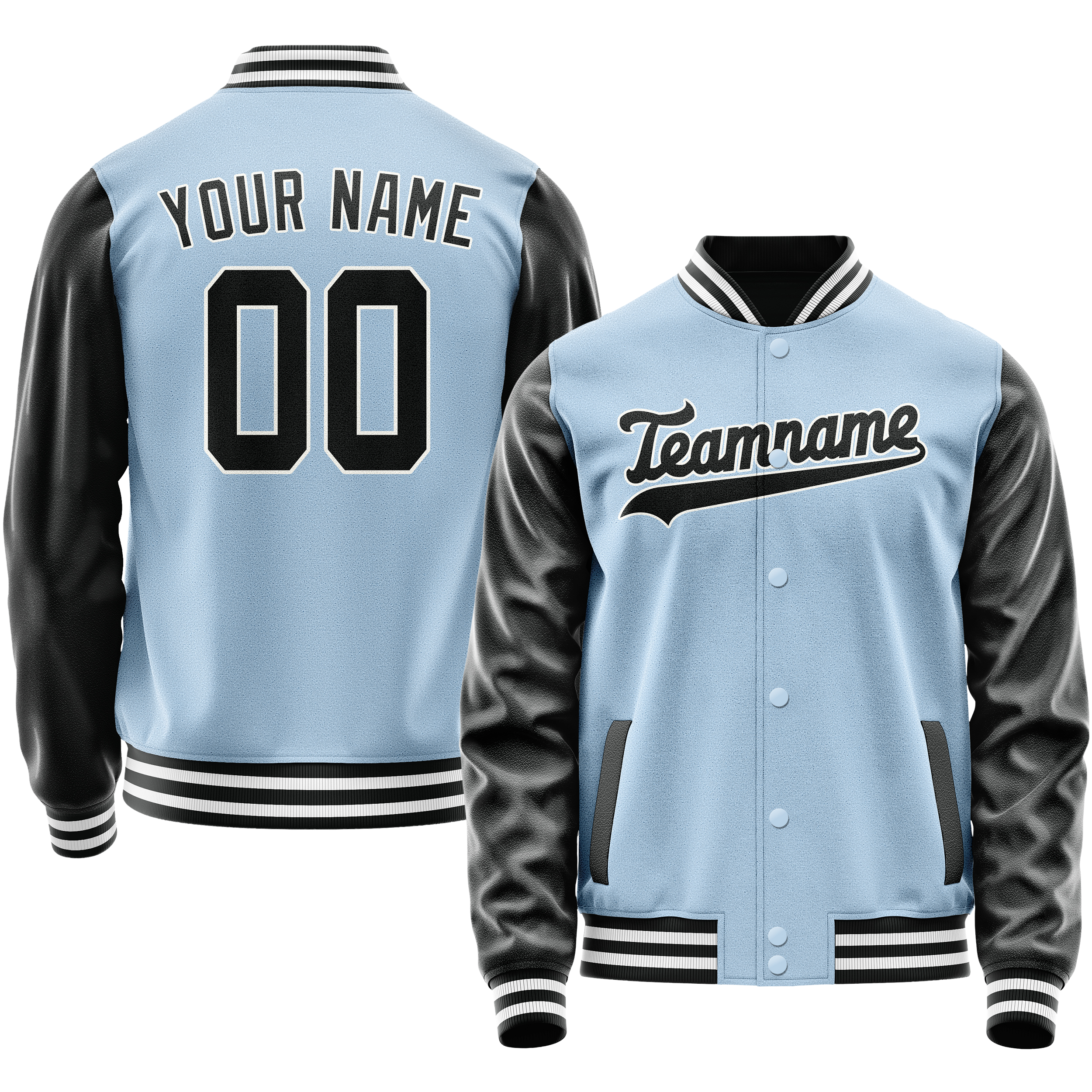 Personalized Light-Blue & Black Solid Color Varsity Letterman Jacket